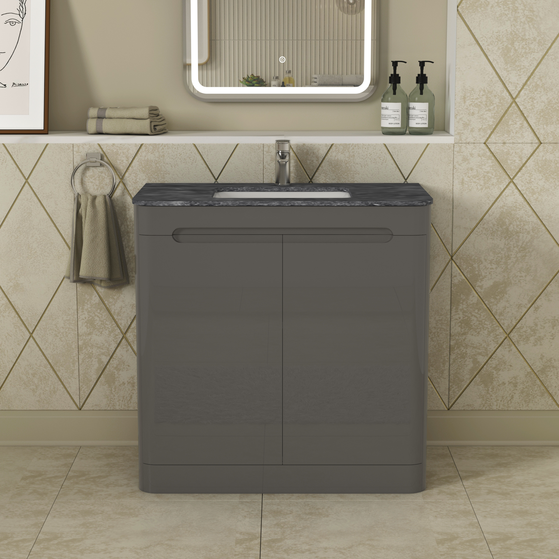 Infinity 800mm Gloss Anthracite Floor Standing Vanity Unit 2 Door with Black Star Top