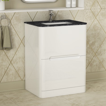 Infinity Gloss White 2 Drawer Floor Standing Vanity Unit with Black Star Marble Top