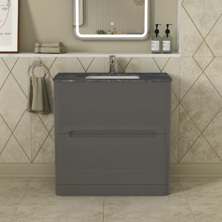 Infinity 800mm Gloss Anthracite Floor Standing Vanity Unit 2 Drawer with Black Star Top