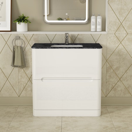 Infinity 800mm Gloss White Floor Standing Vanity Unit 2 Drawer with Black Star Top