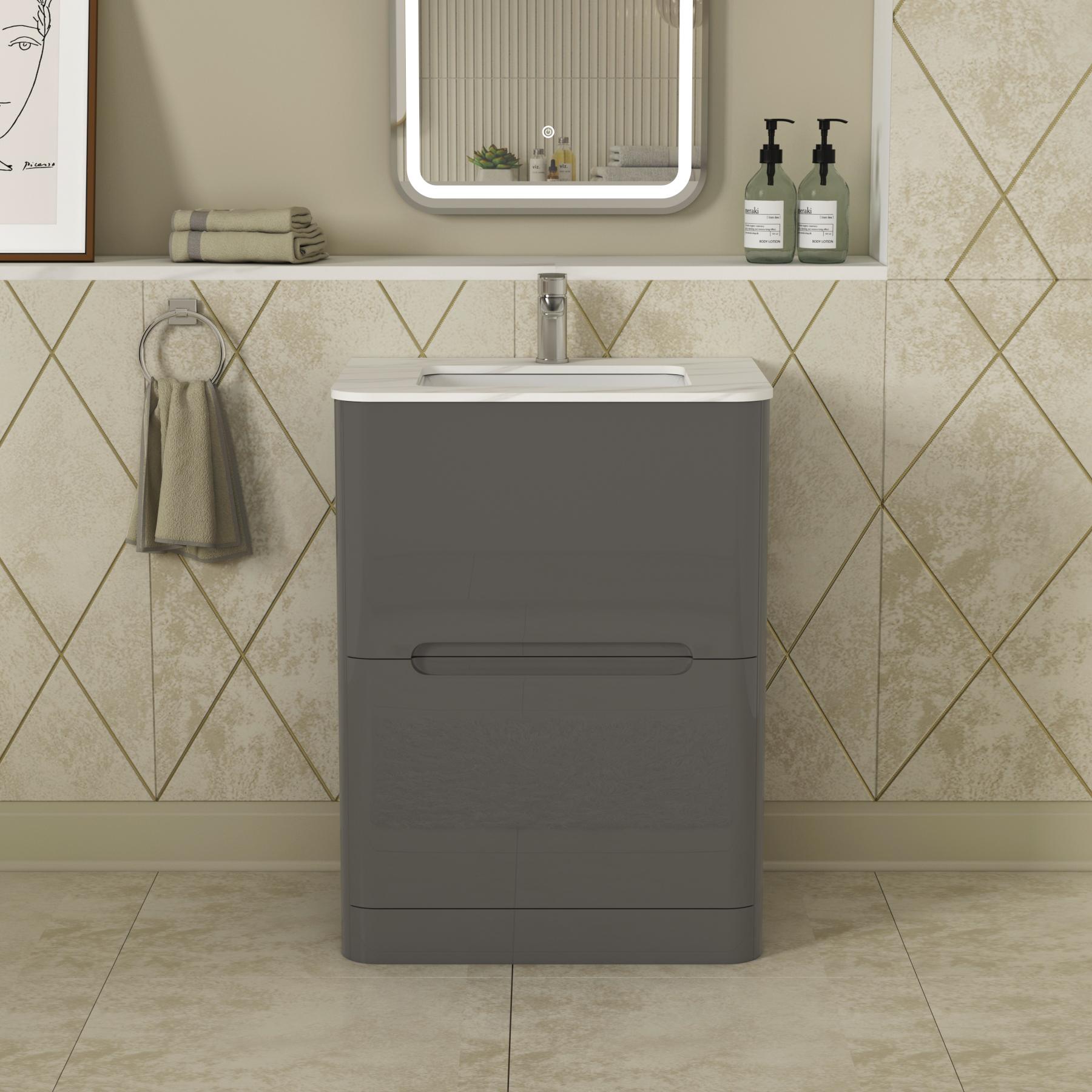 Infinity 600mm Gloss Anthracite Floor Standing Vanity Unit 2 Drawer with Carrara White Top