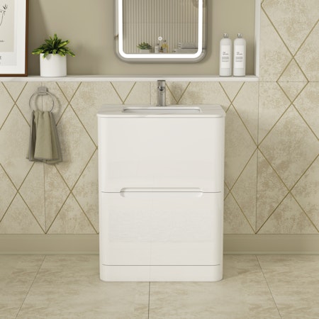 Infinity 600mm Gloss White Floor Standing Vanity Unit 2 Drawer with Carrara Marble Top
