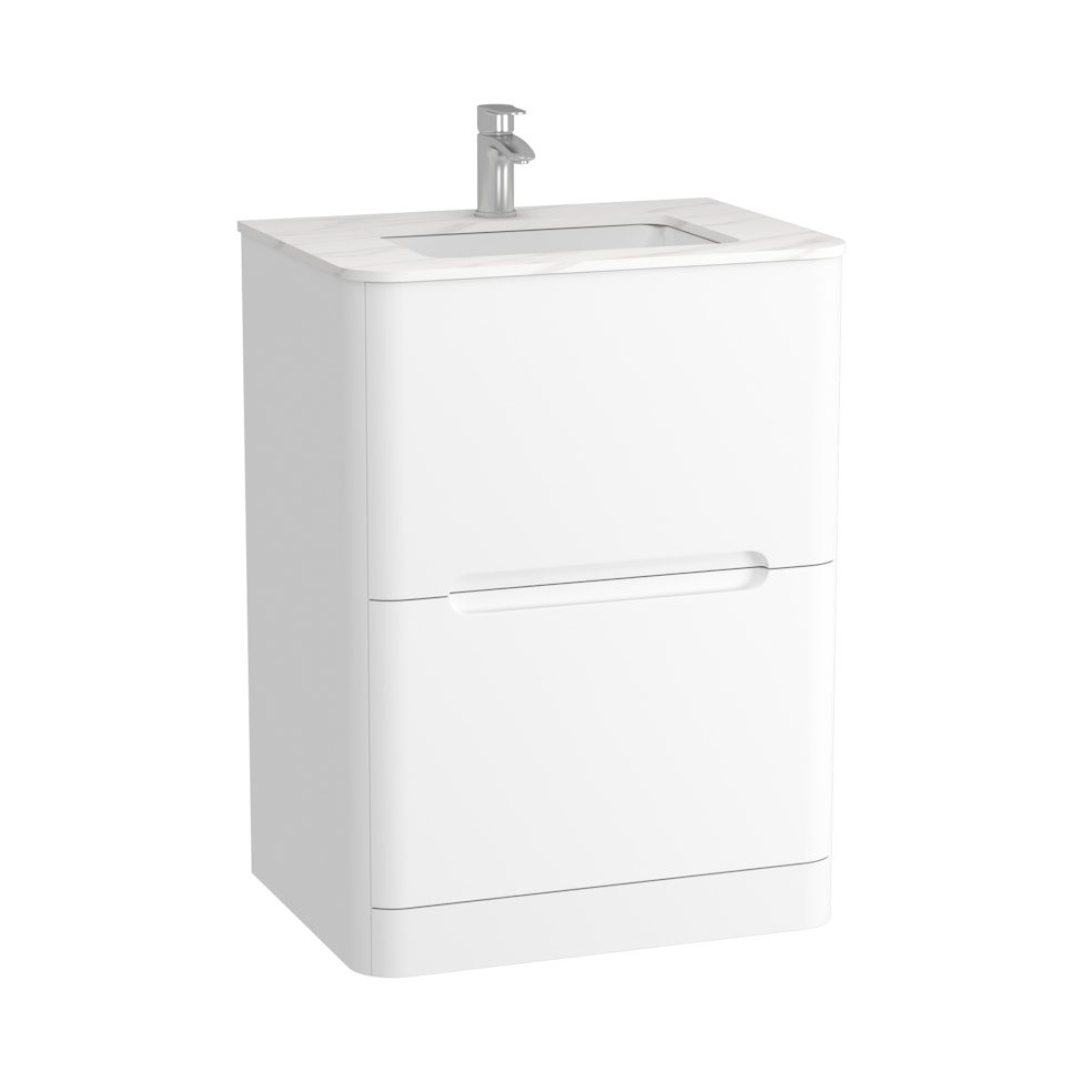 Infinity 600mm Gloss White Floor Standing Vanity Unit 2 Drawer with Carrara White Top