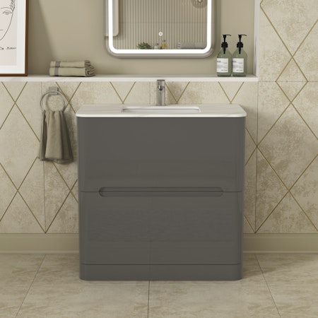 Infinity 800mm Gloss Anthracite Floor Standing Vanity Unit 2 Drawer with Carrara White Top