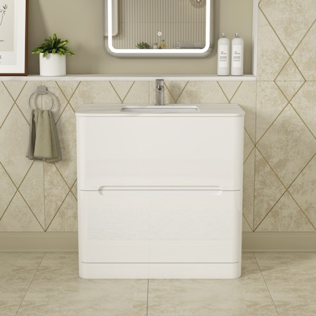Infinity 800mm Gloss White Floor Standing Vanity Unit 2 Drawer with Carrara Marble Top