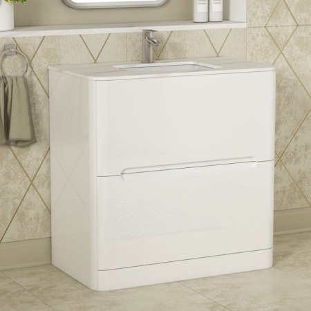 Infinity Gloss White 2 Drawer Floor Standing Vanity Unit with Carrara Marble Top