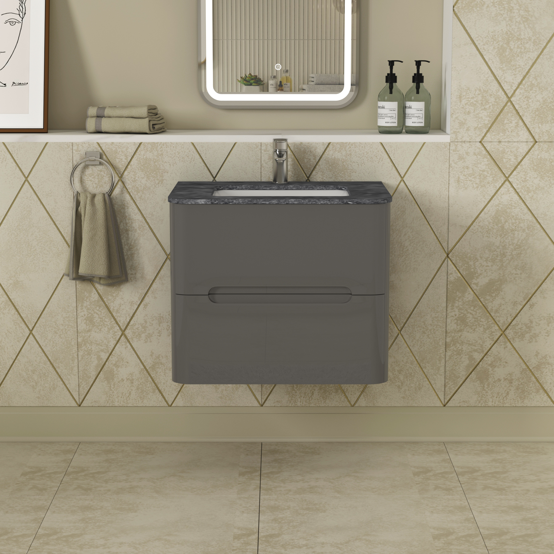 Infinity 600mm Gloss Anthracite Wall Hung Vanity Unit 2 Drawer with Black Star Top