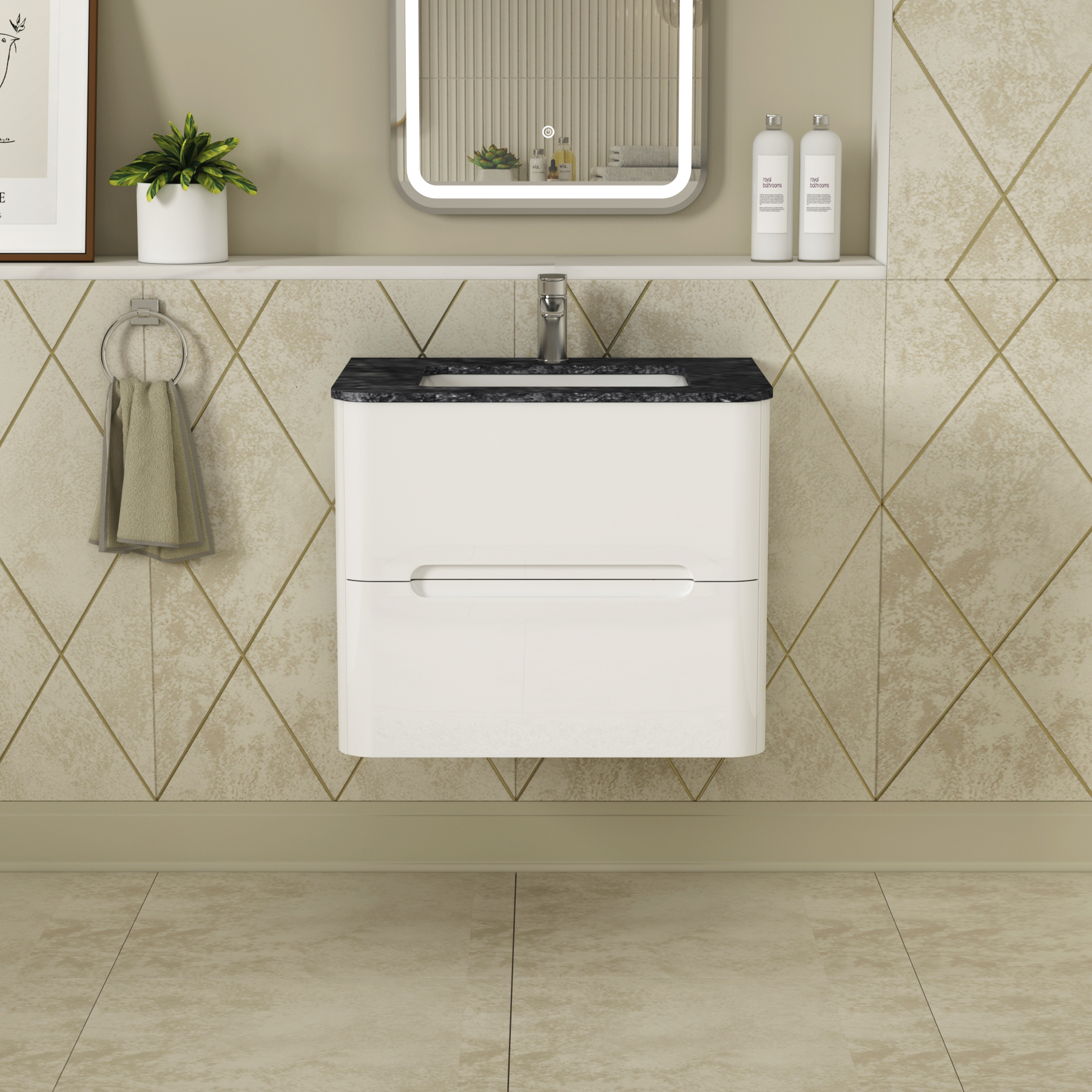 Infinity 600mm Gloss White Wall Hung Vanity Unit 2 Drawer with Black Star Top