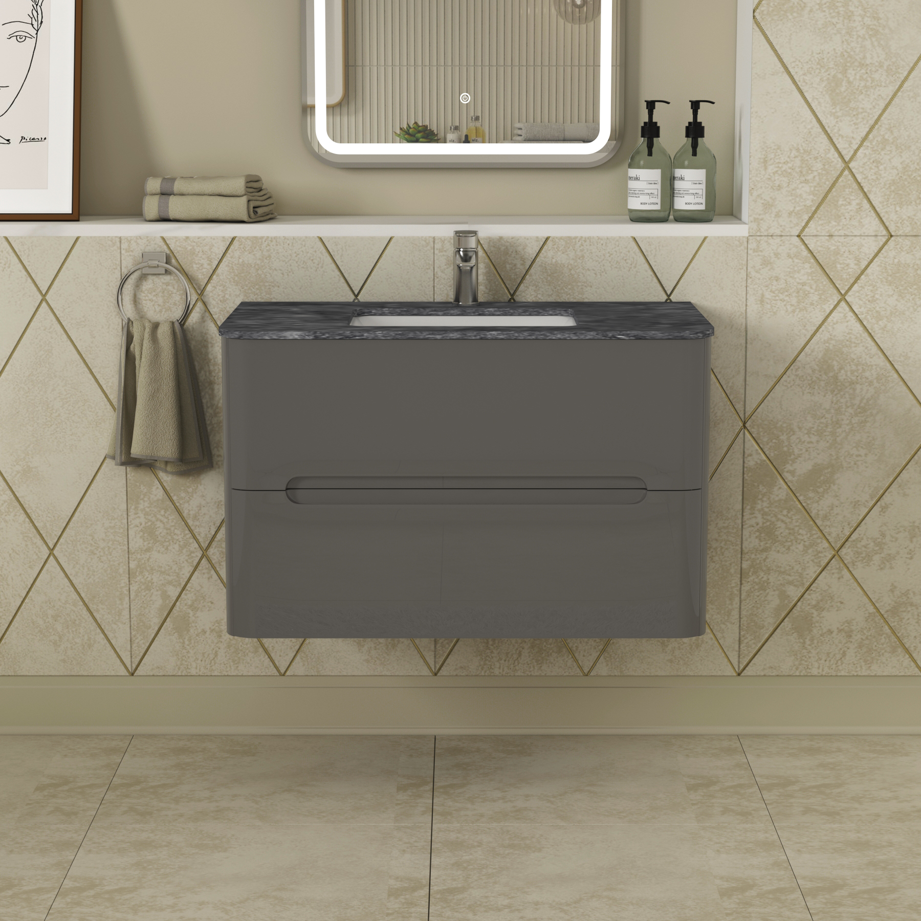 Infinity 800mm Gloss Anthracite Wall Hung Vanity Unit 2 Drawer with Black Star Top