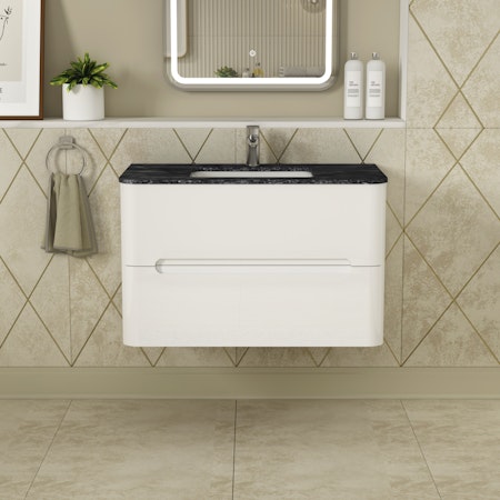 Infinity 800mm Gloss White Wall Hung Vanity Unit 2 Drawer with Black Star Top