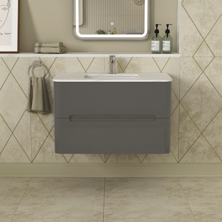 Infinity 800mm Gloss Anthracite Wall Hung Vanity Unit 2 Drawer with Carrara White Top