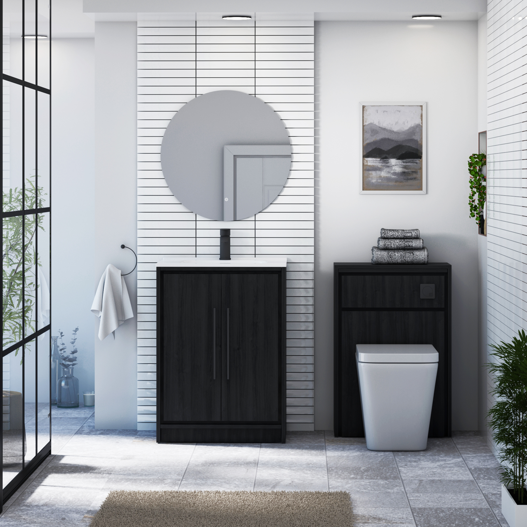 Livora 600mm Black Woodgrain Floor Standing 2 Door Vanity Unit with Optional Basin  & Various Handles