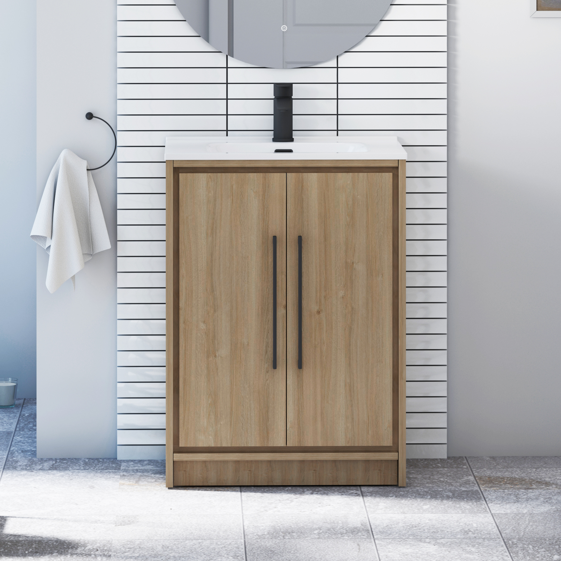 Livora 600mm Natural Oak Floor Standing 2 Door Vanity Unit with Optional Basin  & Various Handles