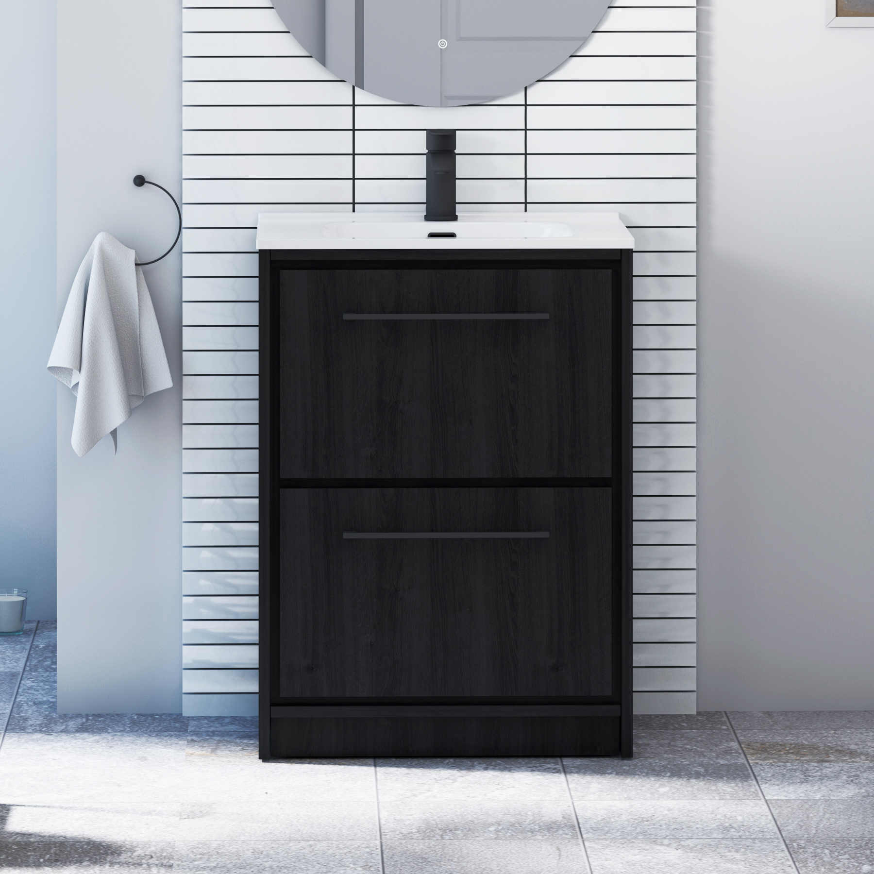 Livora Black Woodgrain Floor Standing 2 Drawer Vanity Unit with Optional Basin  & Various Handles