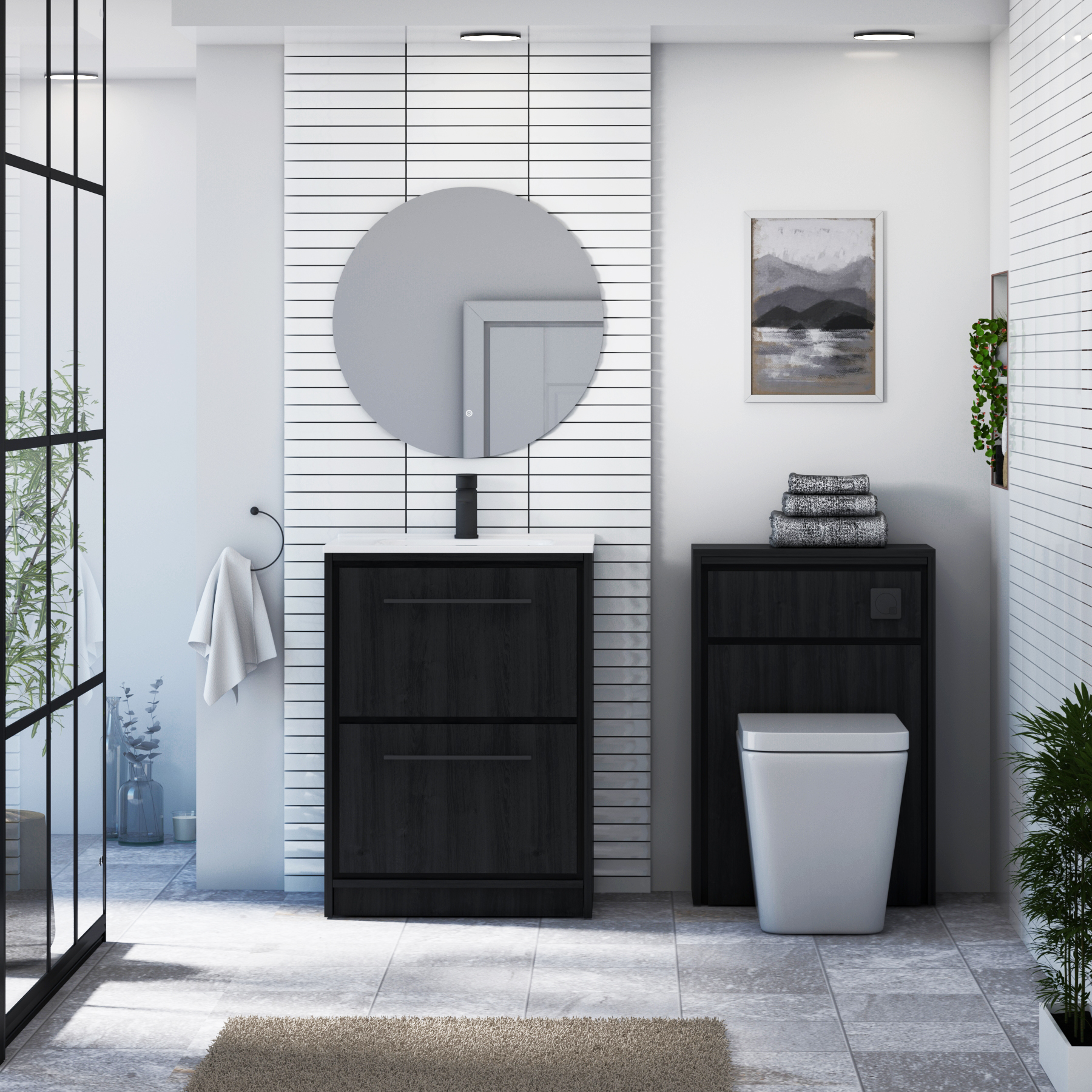 Livora Black Woodgrain Floor Standing 2 Drawer Vanity Unit with Optional Basin  & Various Handles