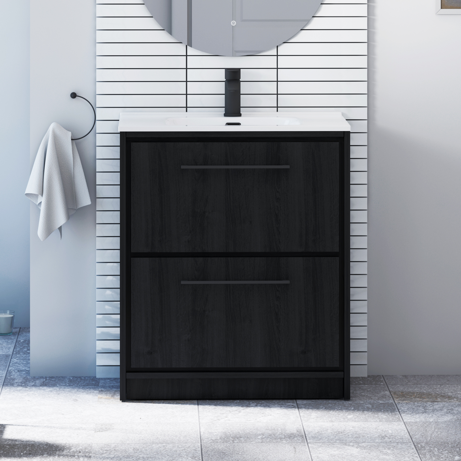 Livora Black Woodgrain Floor Standing 2 Drawer Vanity Unit with Optional Basin  & Various Handles