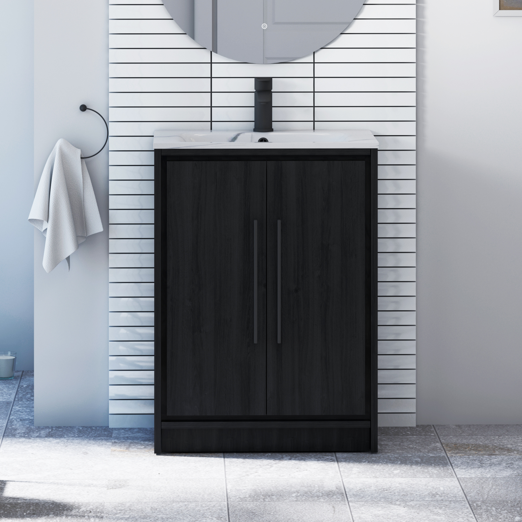 Livora 600mm Black Woodgrain Floor Standing 2 Door Vanity Unit with Optional Basin  & Various Handles