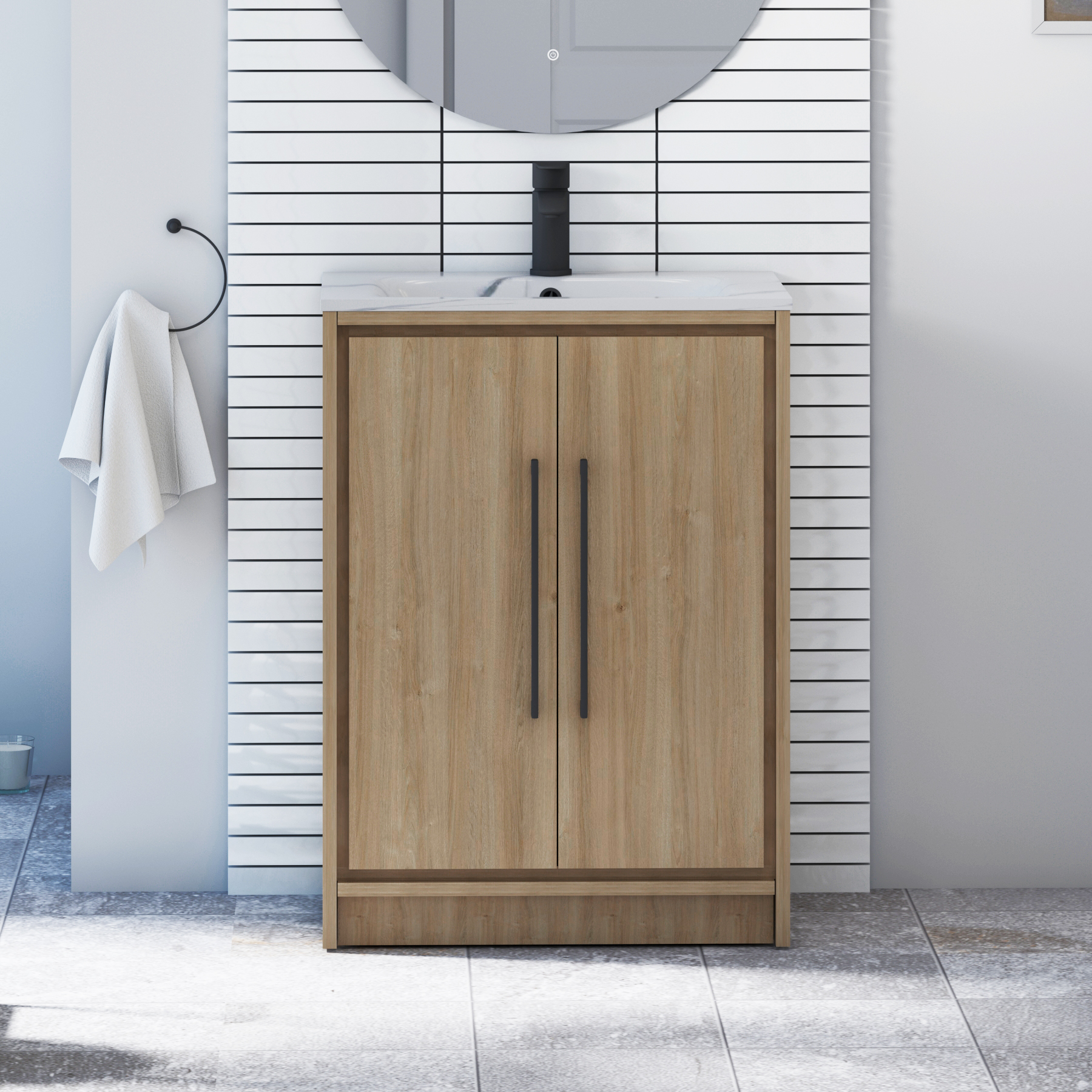 Livora 600mm Natural Oak Floor Standing 2 Door Vanity Unit with Optional Basin  & Various Handles