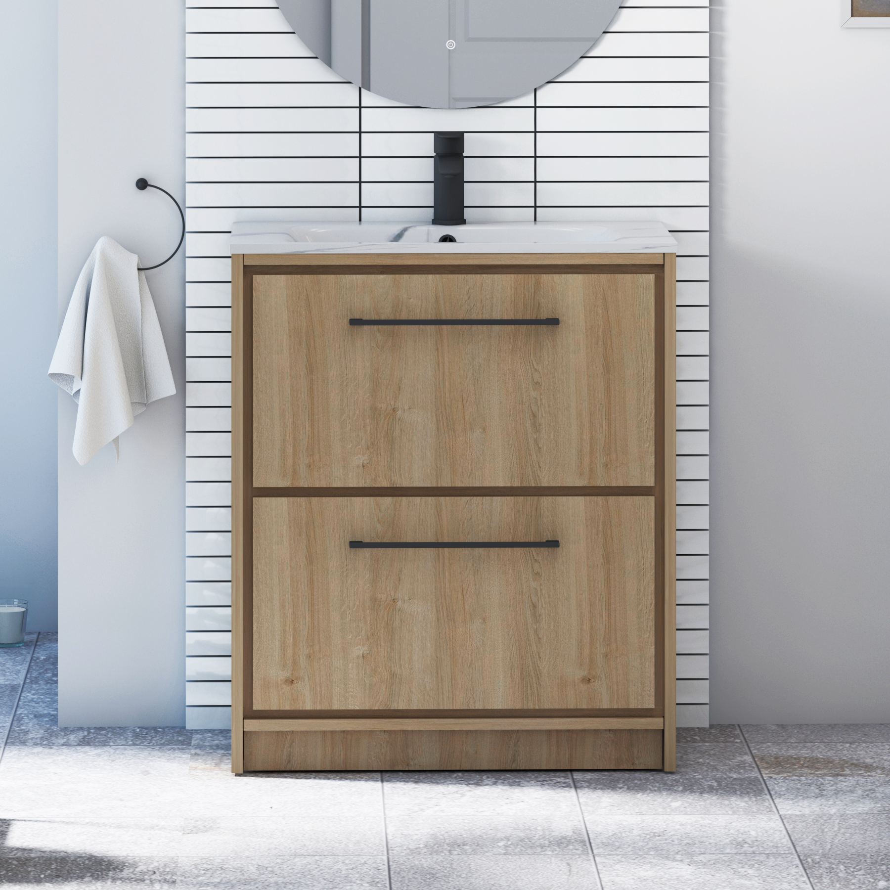 Livora Natural Oak Floor Standing 2 Drawer Vanity Unit with Optional Basin  & Various Handles