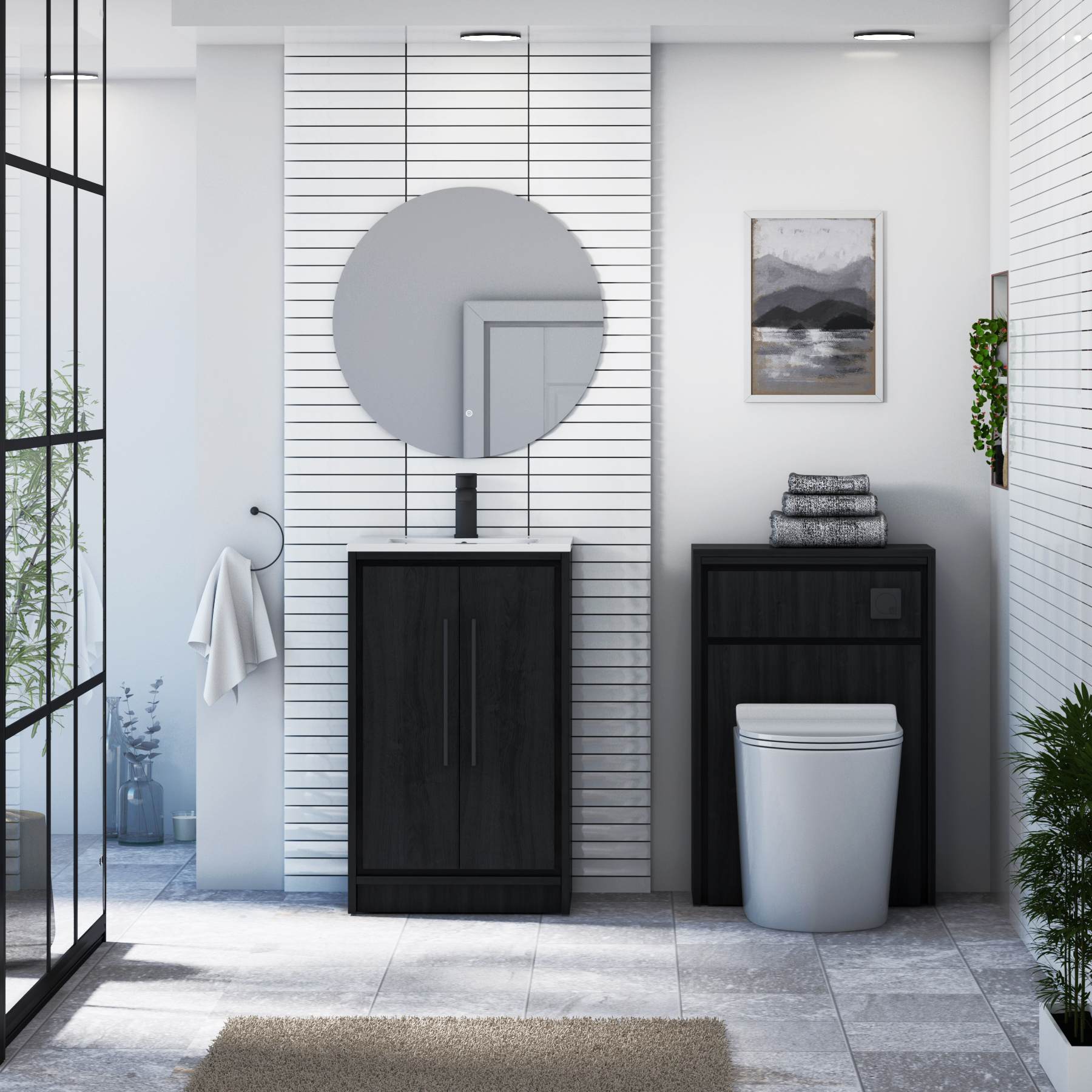 Livora 500mm Black Woodgrain Floor Standing 2 Door Vanity Unit with Optional Basin  & Various Handles