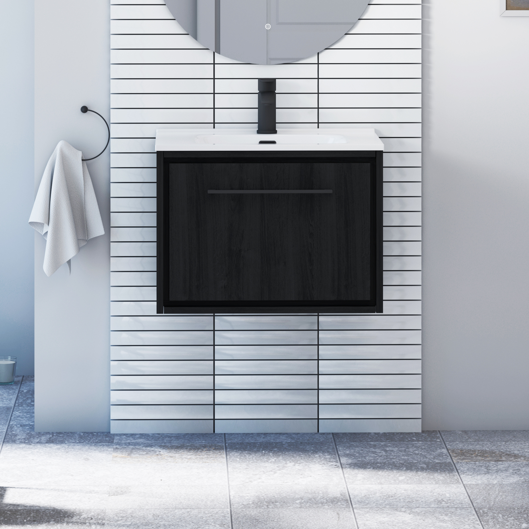 Livora 600mm Black Woodgrain Wall Hung 1 Drawer Vanity Unit with Optional Basin  & Various Handles