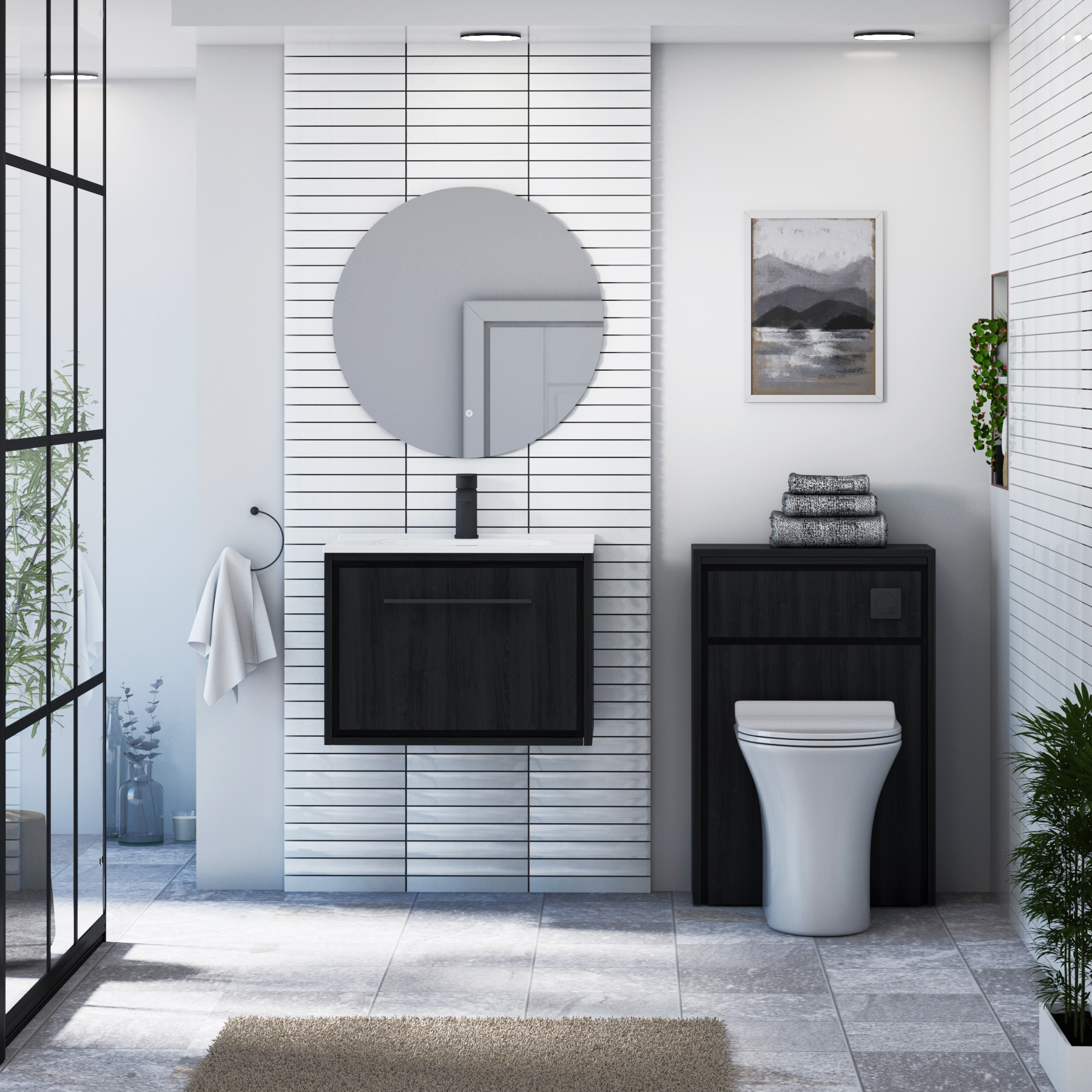 Livora 600mm Black Woodgrain Wall Hung 1 Drawer Vanity Unit with Optional Basin  & Various Handles