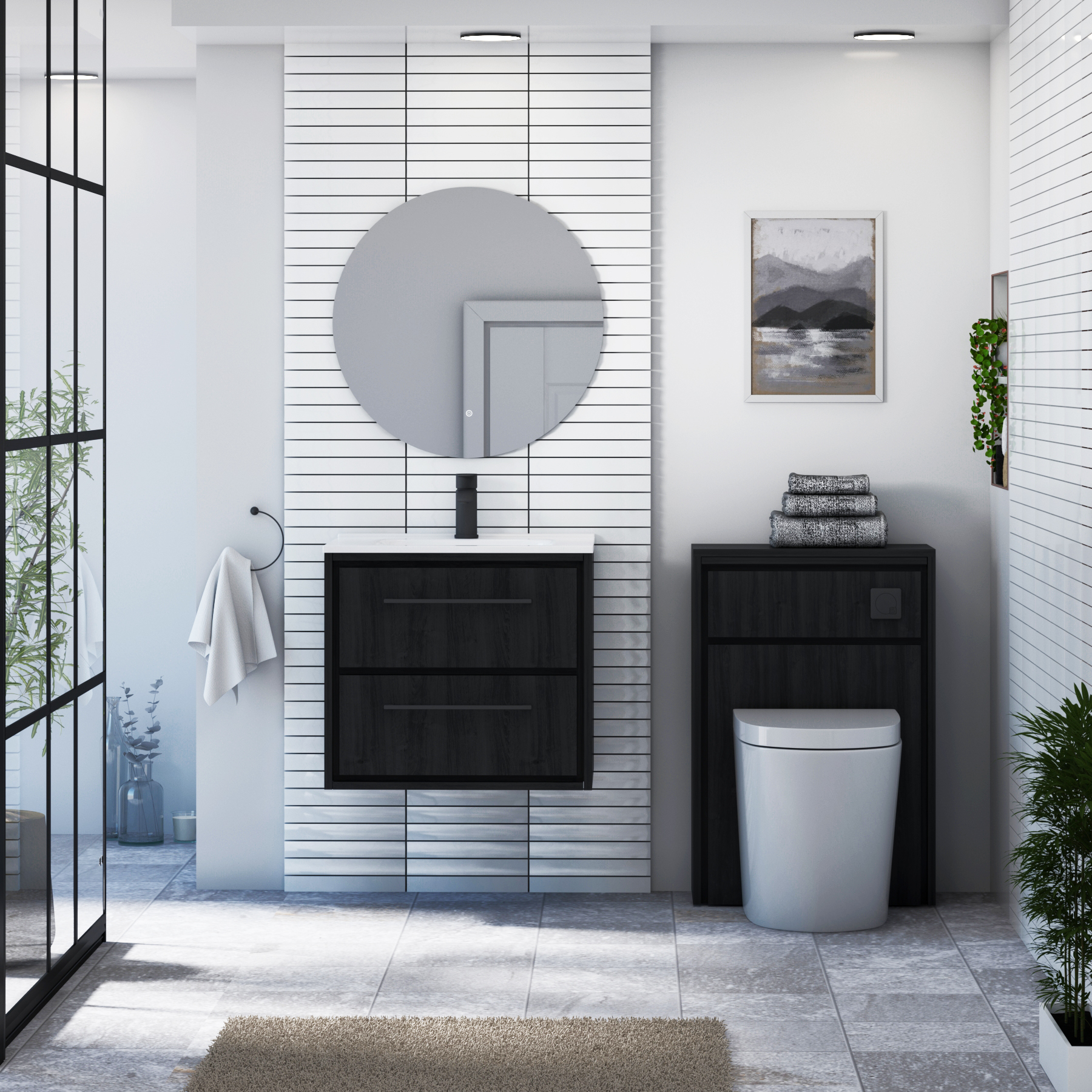 Livora Black Woodgrain Wall Hung 2 Drawer Vanity Unit with Optional Basin  & Various Handles