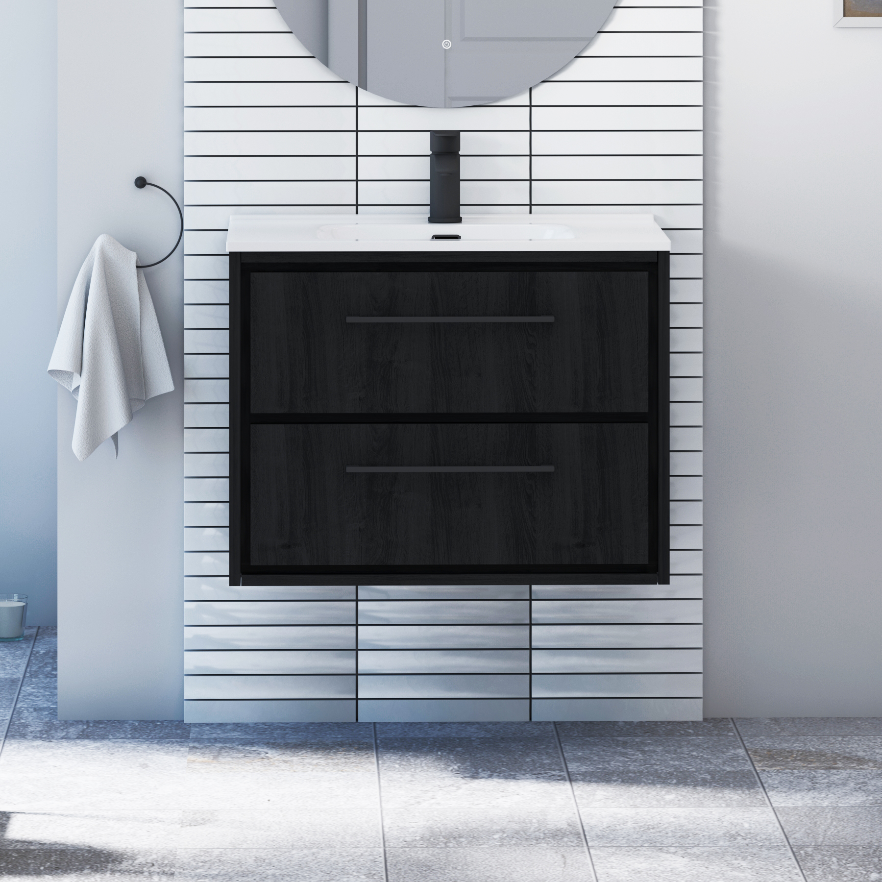 Livora Black Woodgrain Wall Hung 2 Drawer Vanity Unit with Optional Basin  & Various Handles