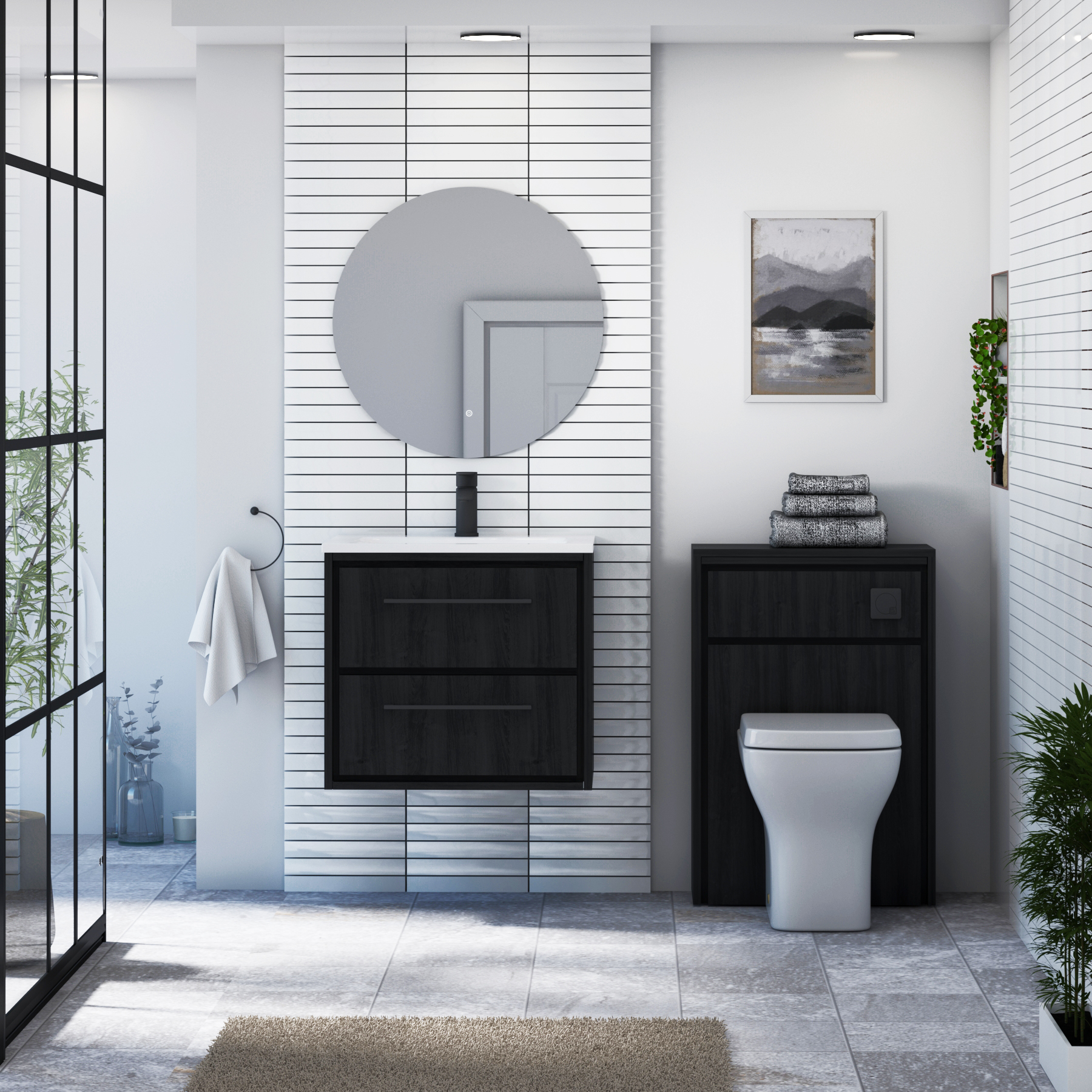 Livora Black Woodgrain Wall Hung 2 Drawer Vanity Unit with Optional Basin  & Various Handles
