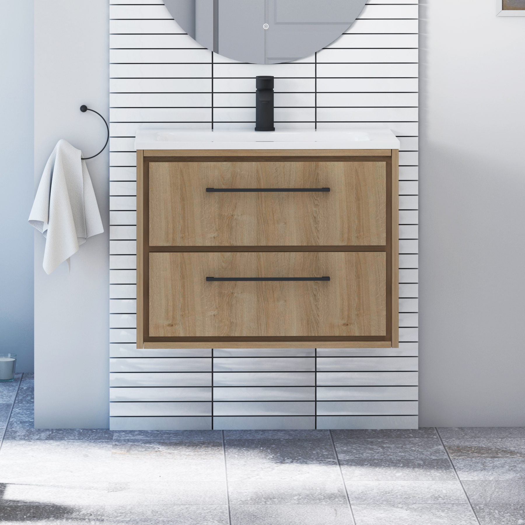 Livora Natural Oak Wall Hung 2 Drawer Vanity Unit with Optional Basin  & Various Handles
