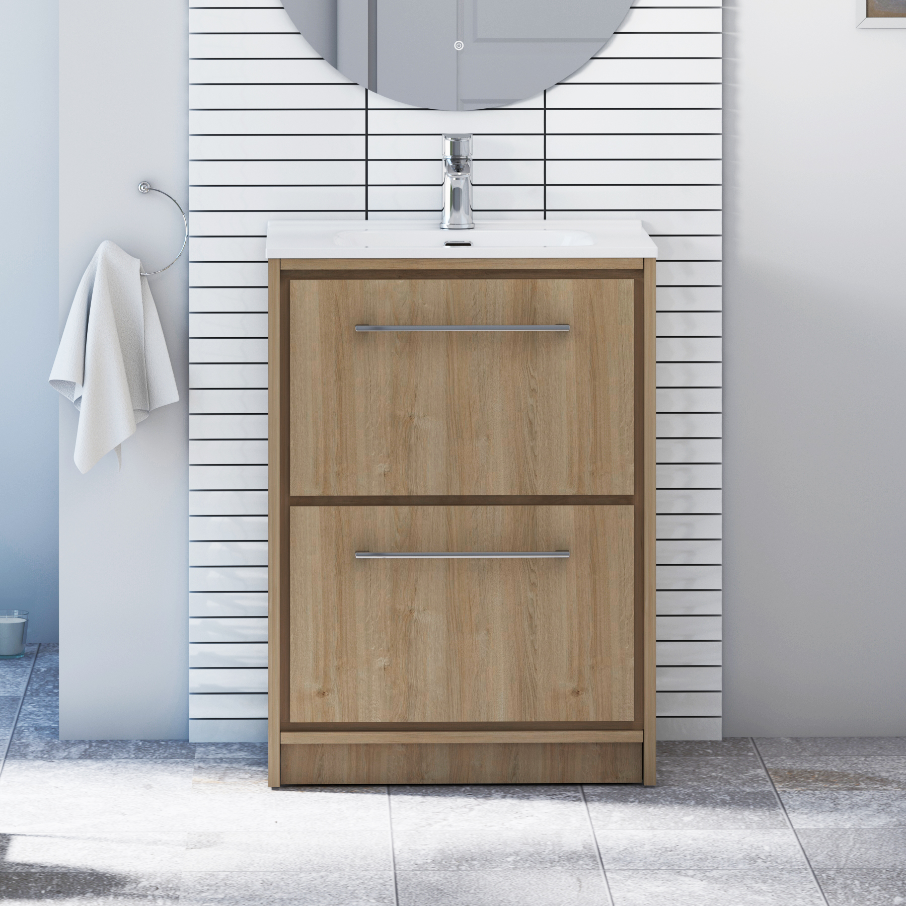 Livora Natural Oak Floor Standing 2 Drawer Vanity Unit with Optional Basin  & Various Handles