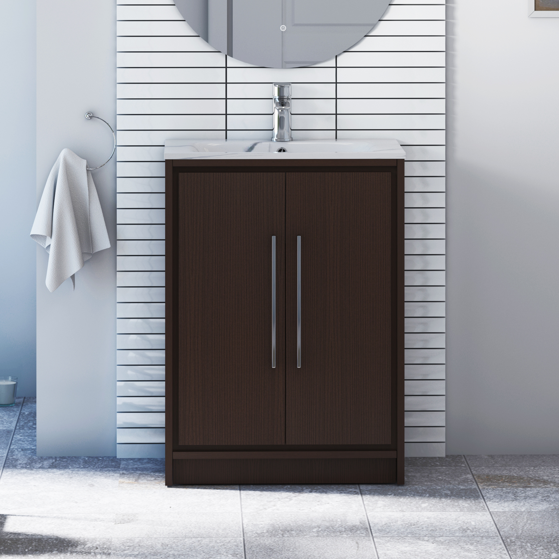 Livora 600mm Walnut Woodgrain Floor Standing 2 Door Vanity Unit with Optional Basin  & Various Handles