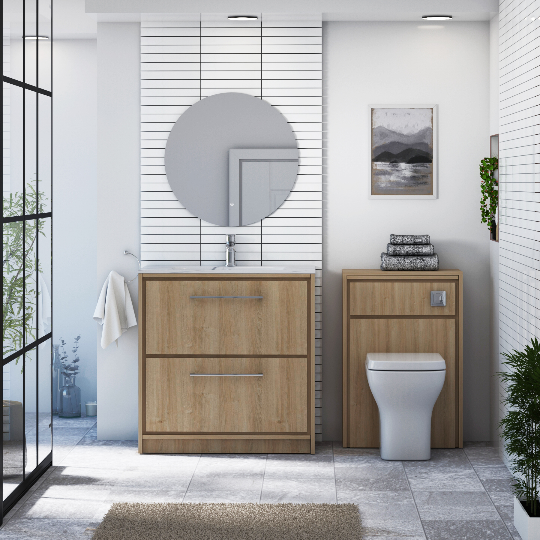 Livora Natural Oak Floor Standing 2 Drawer Vanity Unit with Optional Basin  & Various Handles