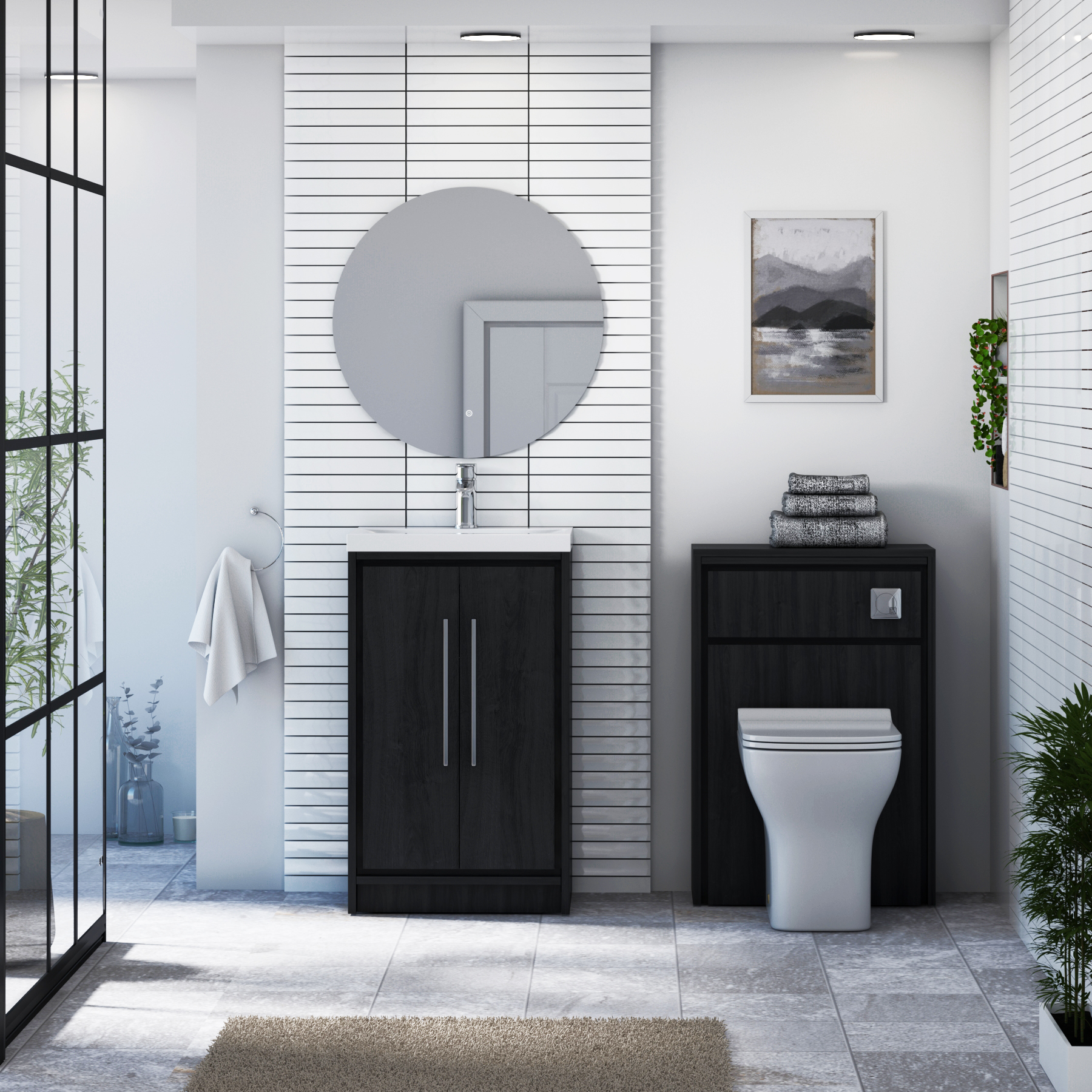Livora 500mm Black Woodgrain Floor Standing 2 Door Vanity Unit with Optional Basin  & Various Handles