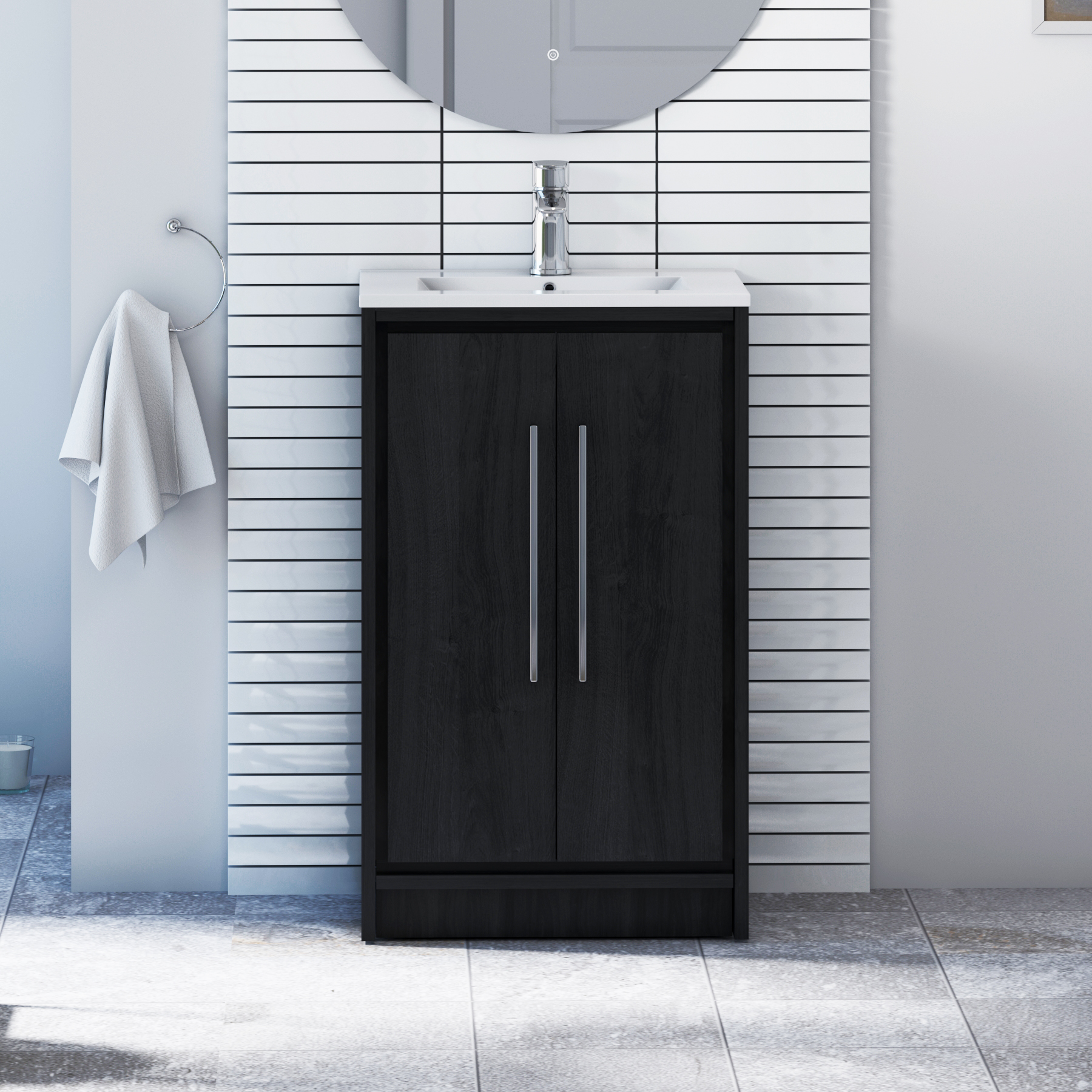Livora 500mm Black Woodgrain Floor Standing 2 Door Vanity Unit with Optional Basin  & Various Handles
