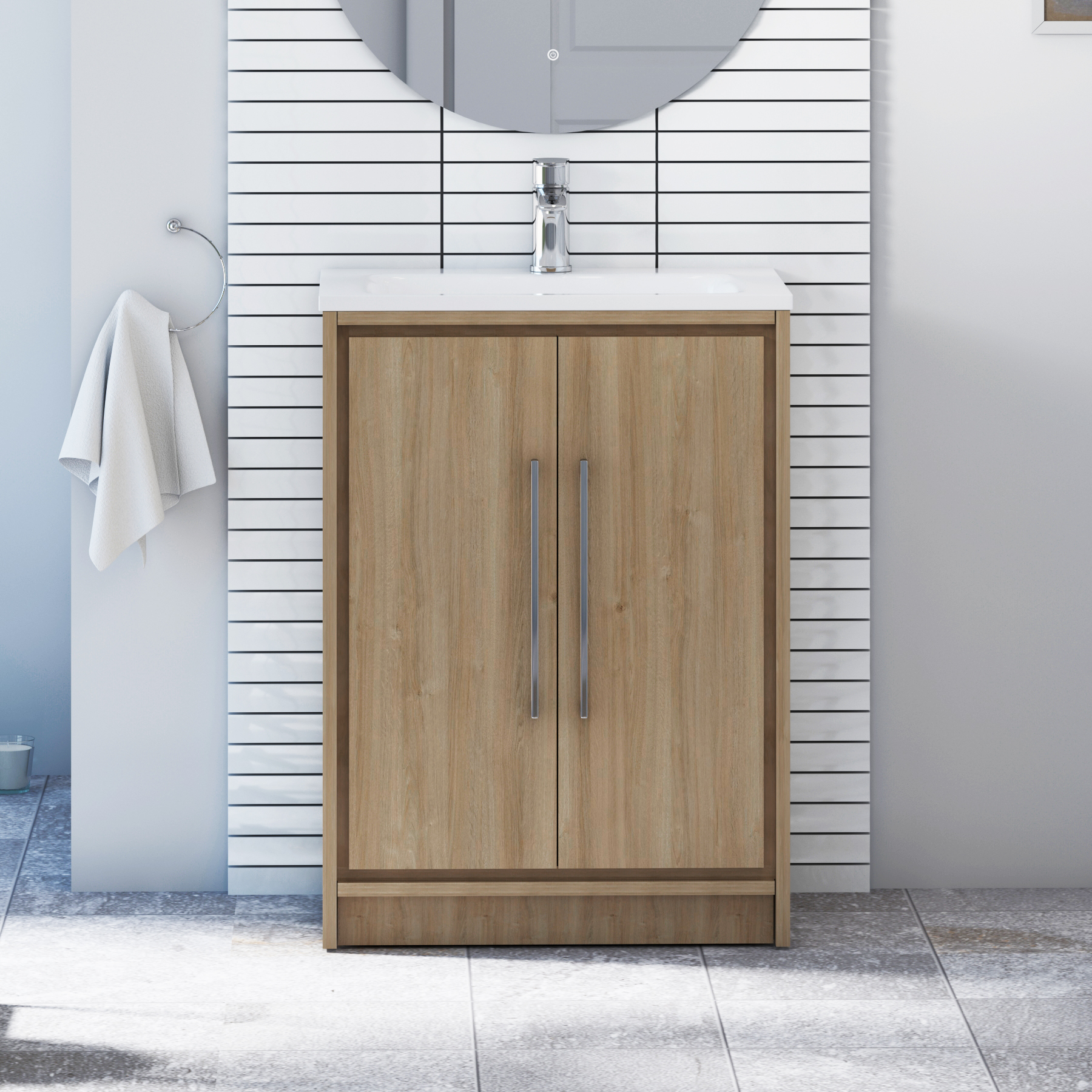 Livora 600mm Natural Oak Floor Standing 2 Door Vanity Unit with Optional Basin  & Various Handles