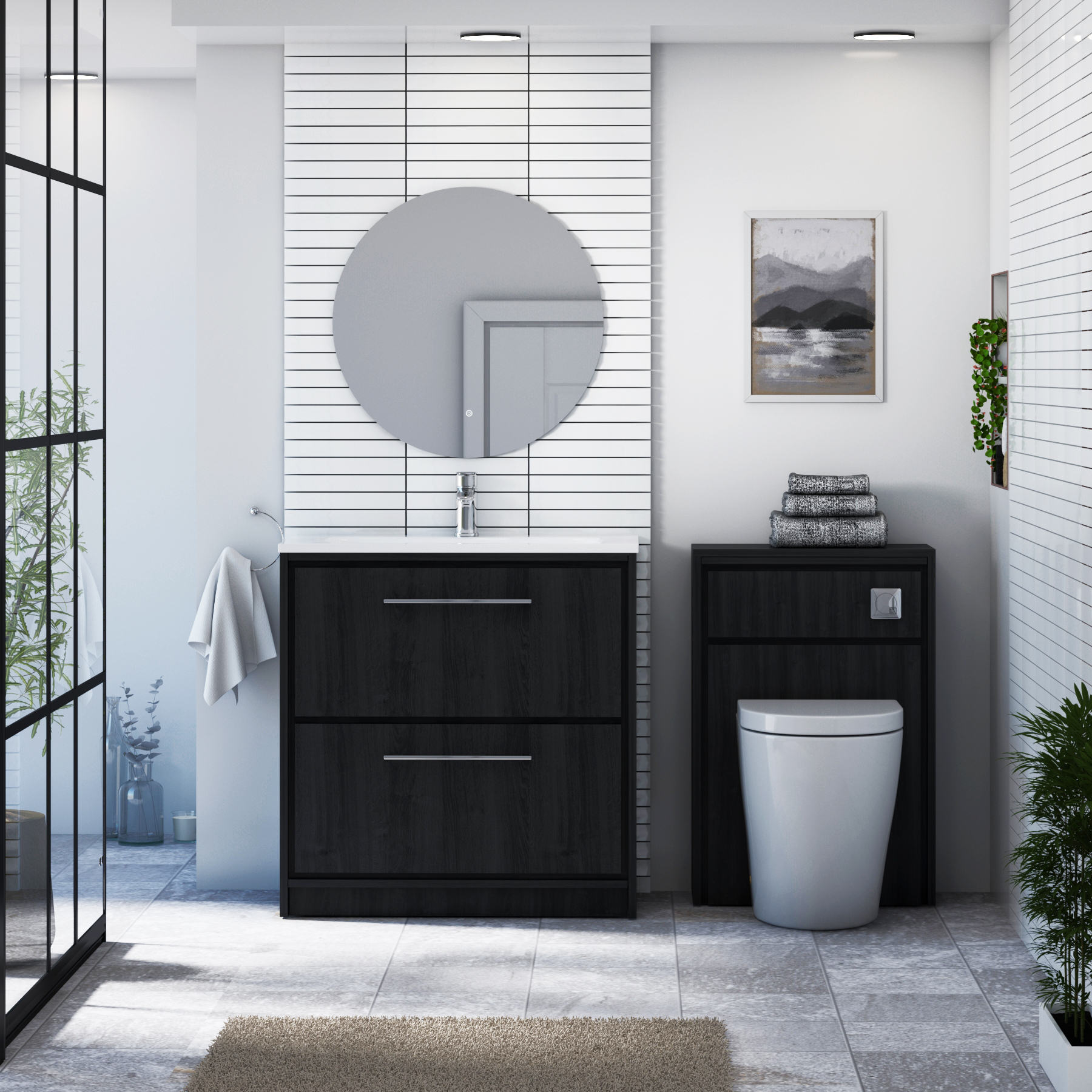 Livora Black Woodgrain Floor Standing 2 Drawer Vanity Unit with Optional Basin  & Various Handles