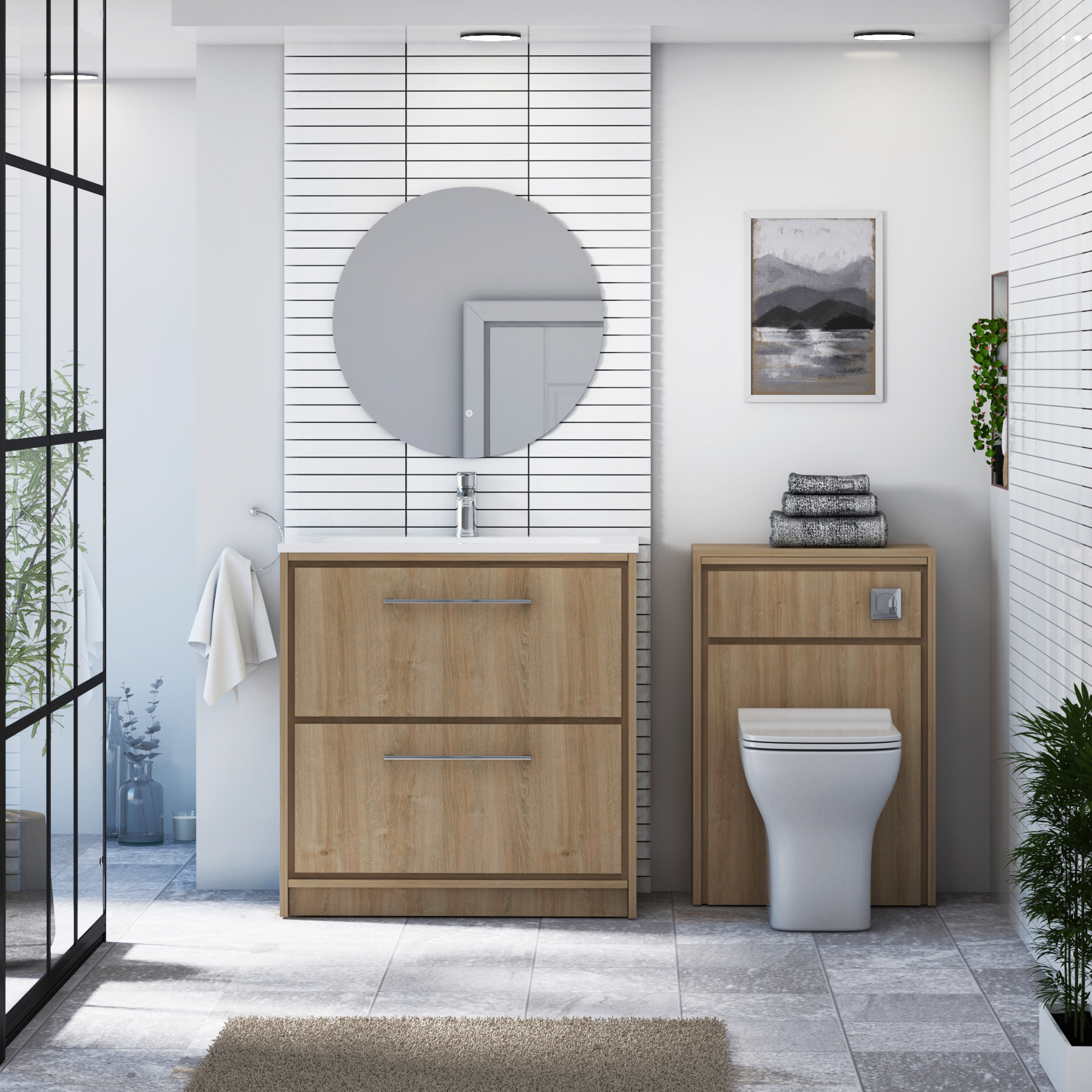 Livora Natural Oak Floor Standing 2 Drawer Vanity Unit with Optional Basin  & Various Handles