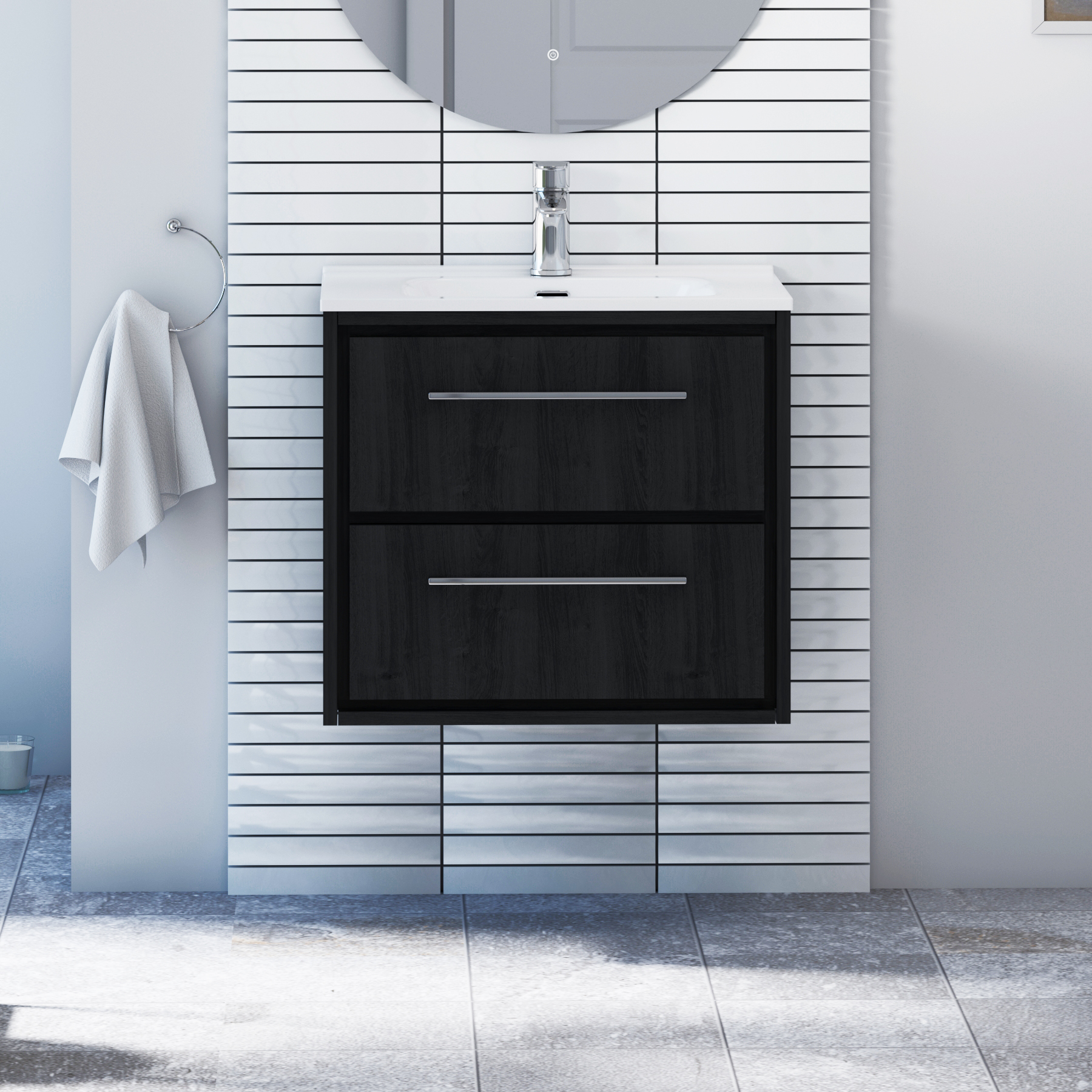 Livora Black Woodgrain Wall Hung 2 Drawer Vanity Unit with Optional Basin  & Various Handles