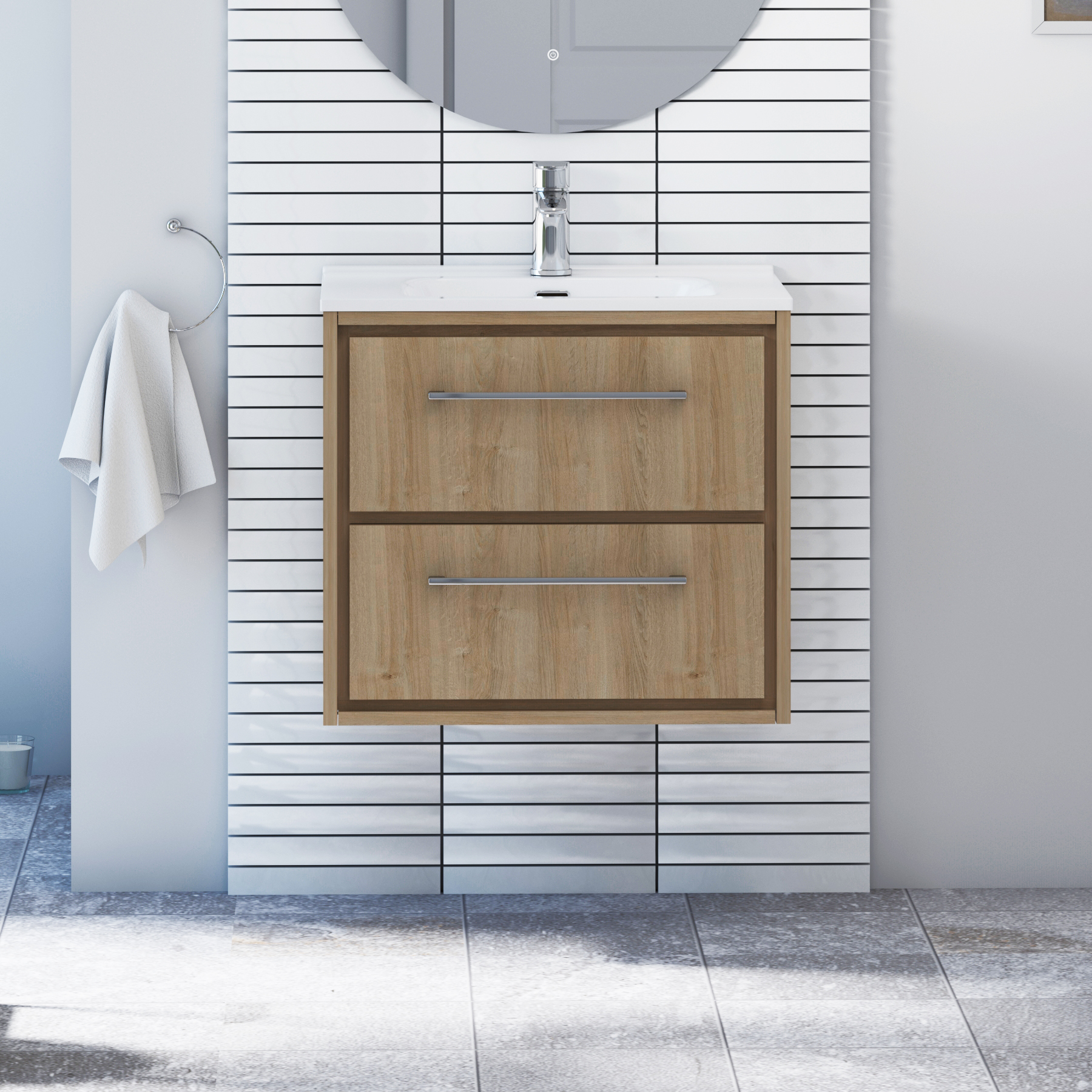 Livora Natural Oak Wall Hung 2 Drawer Vanity Unit with Optional Basin  & Various Handles