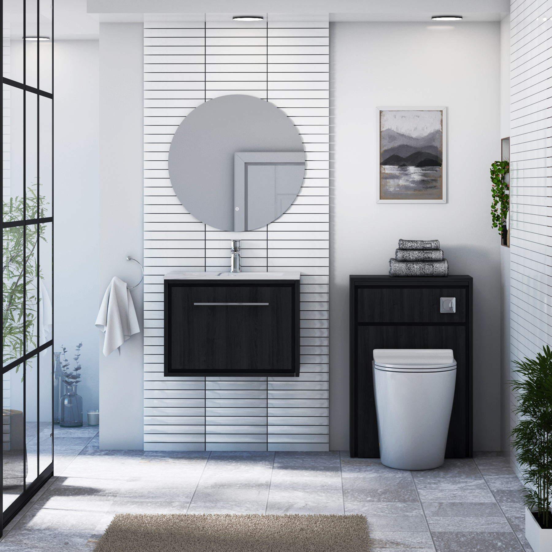 Livora 600mm Black Woodgrain Wall Hung 1 Drawer Vanity Unit with Optional Basin  & Various Handles