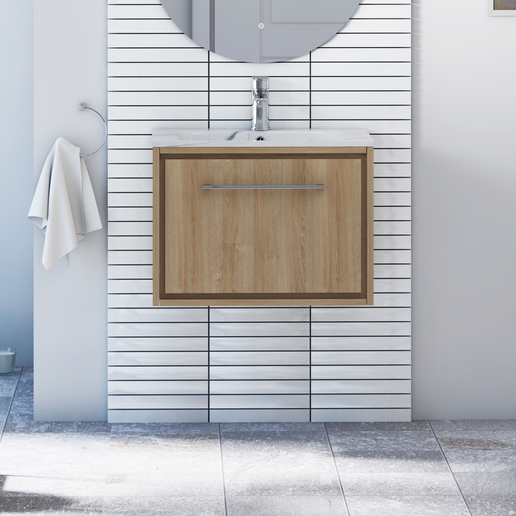 Livora 600mm Natural Oak Wall Hung 1 Drawer Vanity Unit with Optional Basin  & Various Handles