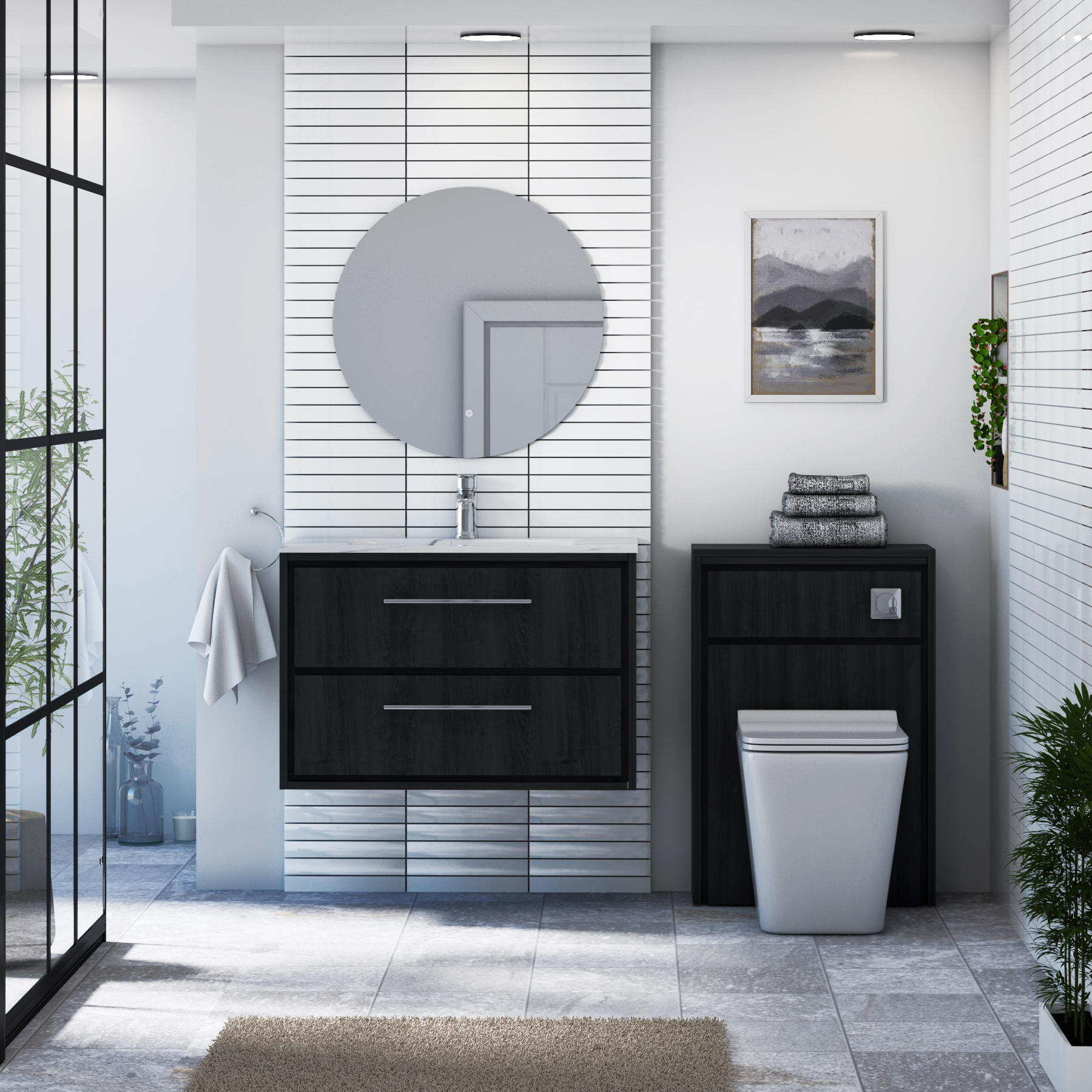 Livora Black Woodgrain Wall Hung 2 Drawer Vanity Unit with Optional Basin  & Various Handles