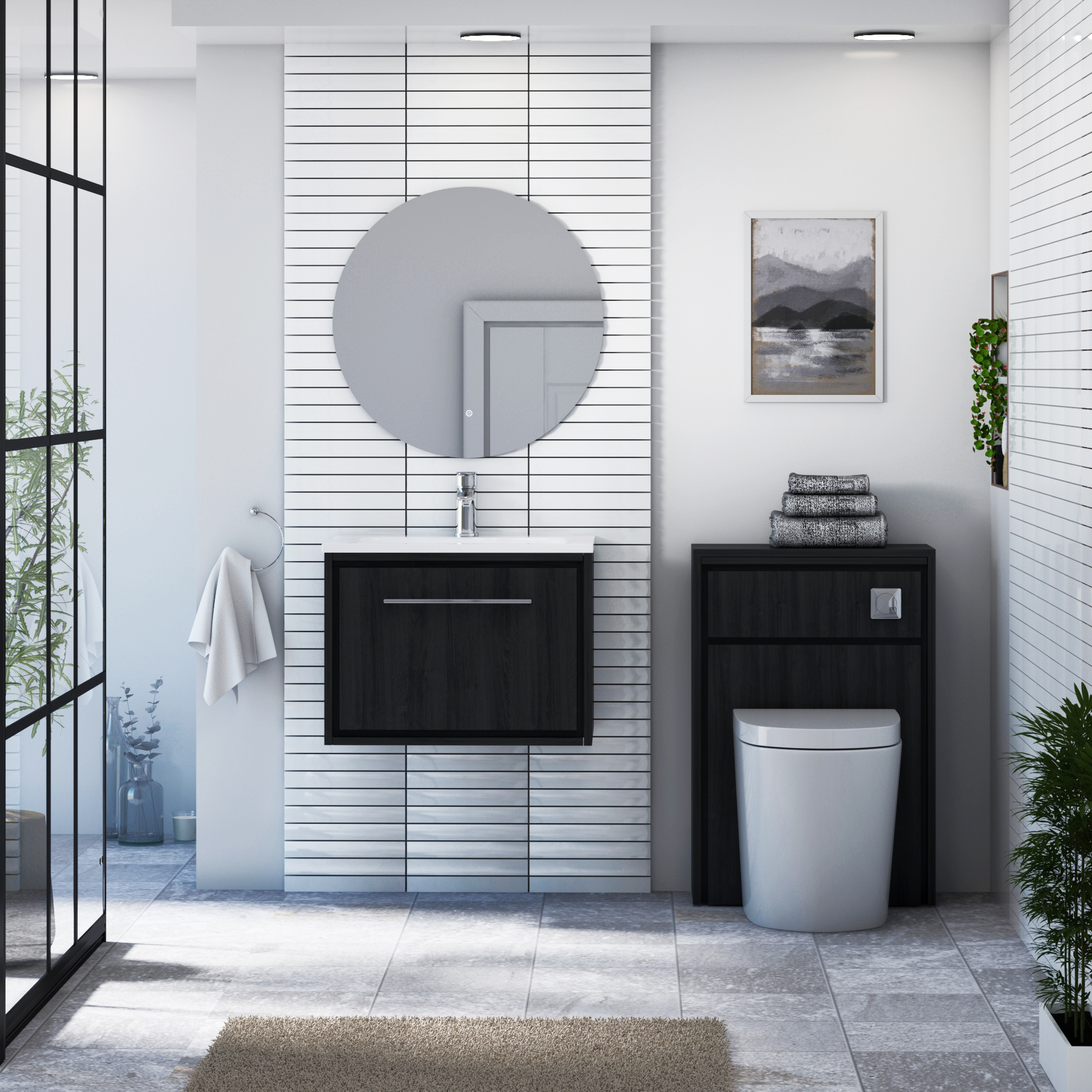 Livora 600mm Black Woodgrain Wall Hung 1 Drawer Vanity Unit with Optional Basin  & Various Handles