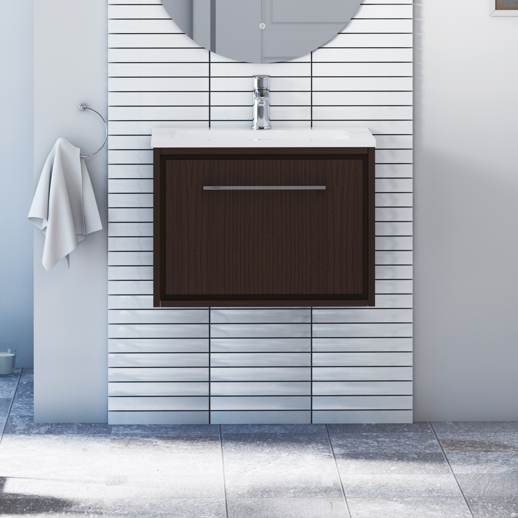 Livora 600mm Walnut Woodgrain Wall Hung 1 Drawer Vanity Unit with Optional Basin  & Various Handles