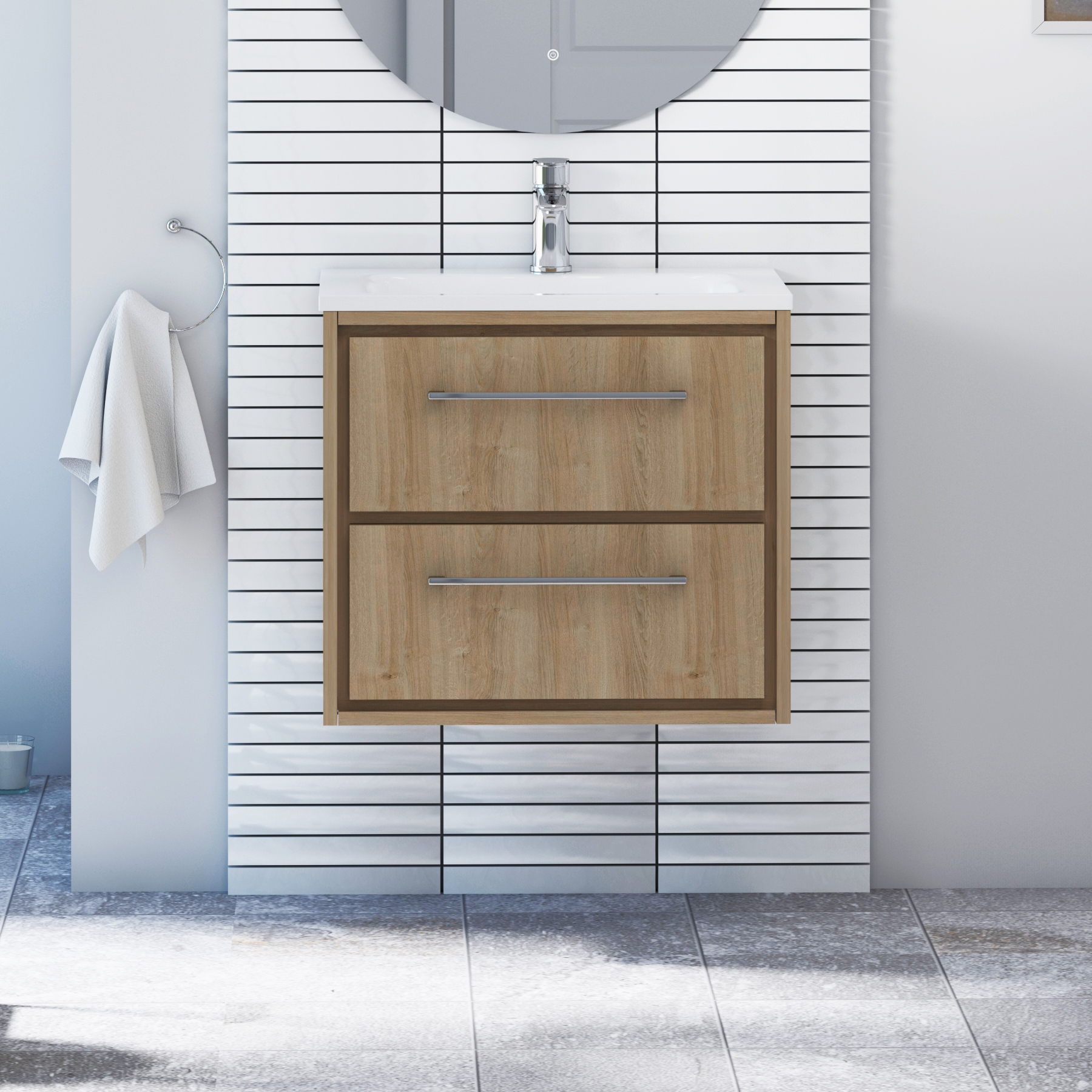 Livora Natural Oak Wall Hung 2 Drawer Vanity Unit with Optional Basin  & Various Handles