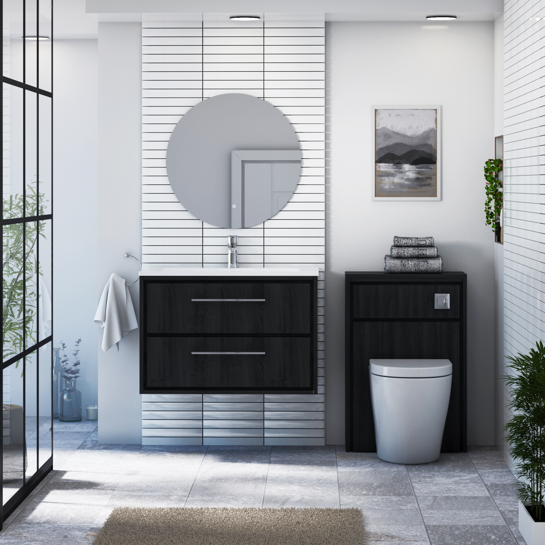 Livora Black Woodgrain Wall Hung 2 Drawer Vanity Unit with Optional Basin  & Various Handles