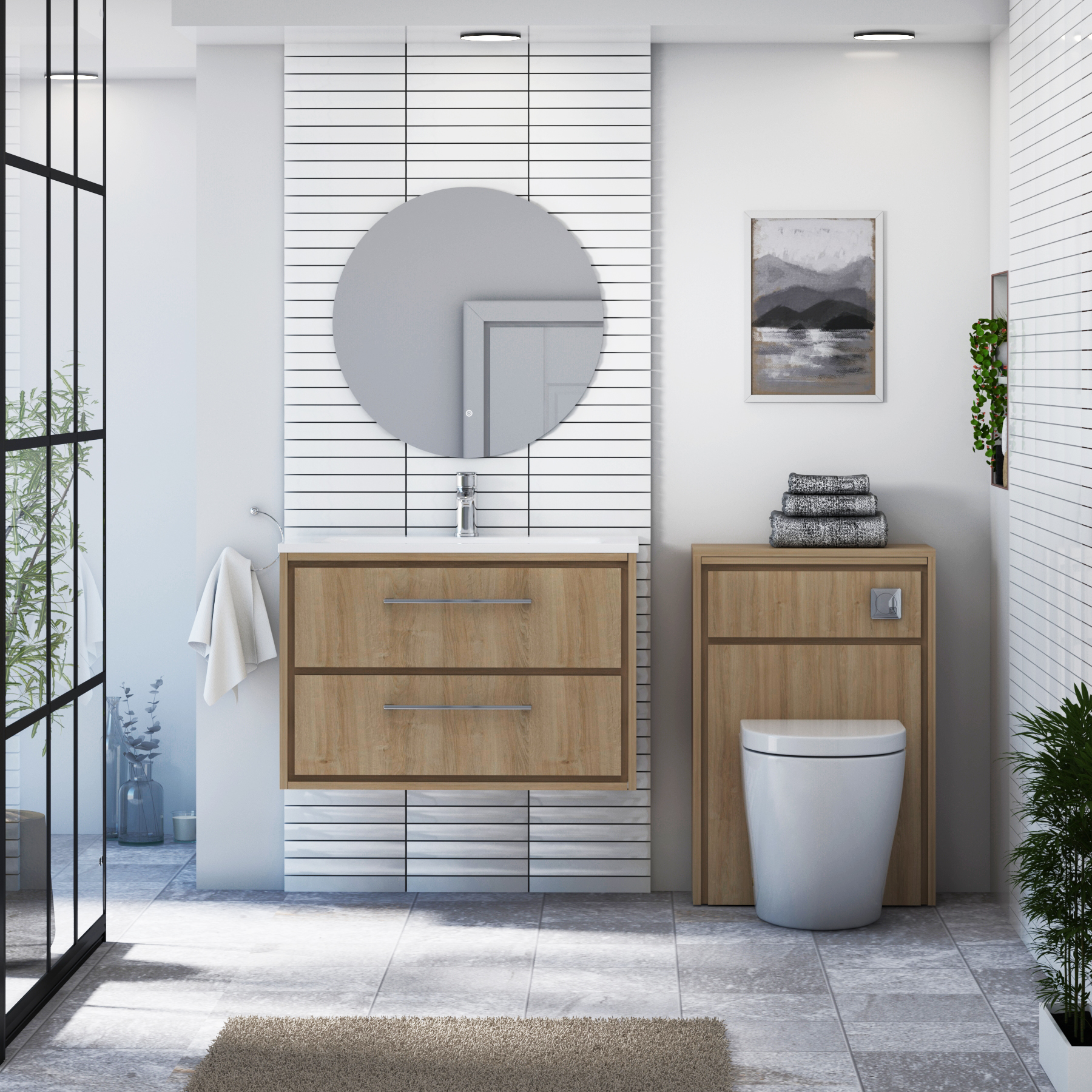 Livora Natural Oak Wall Hung 2 Drawer Vanity Unit with Optional Basin  & Various Handles