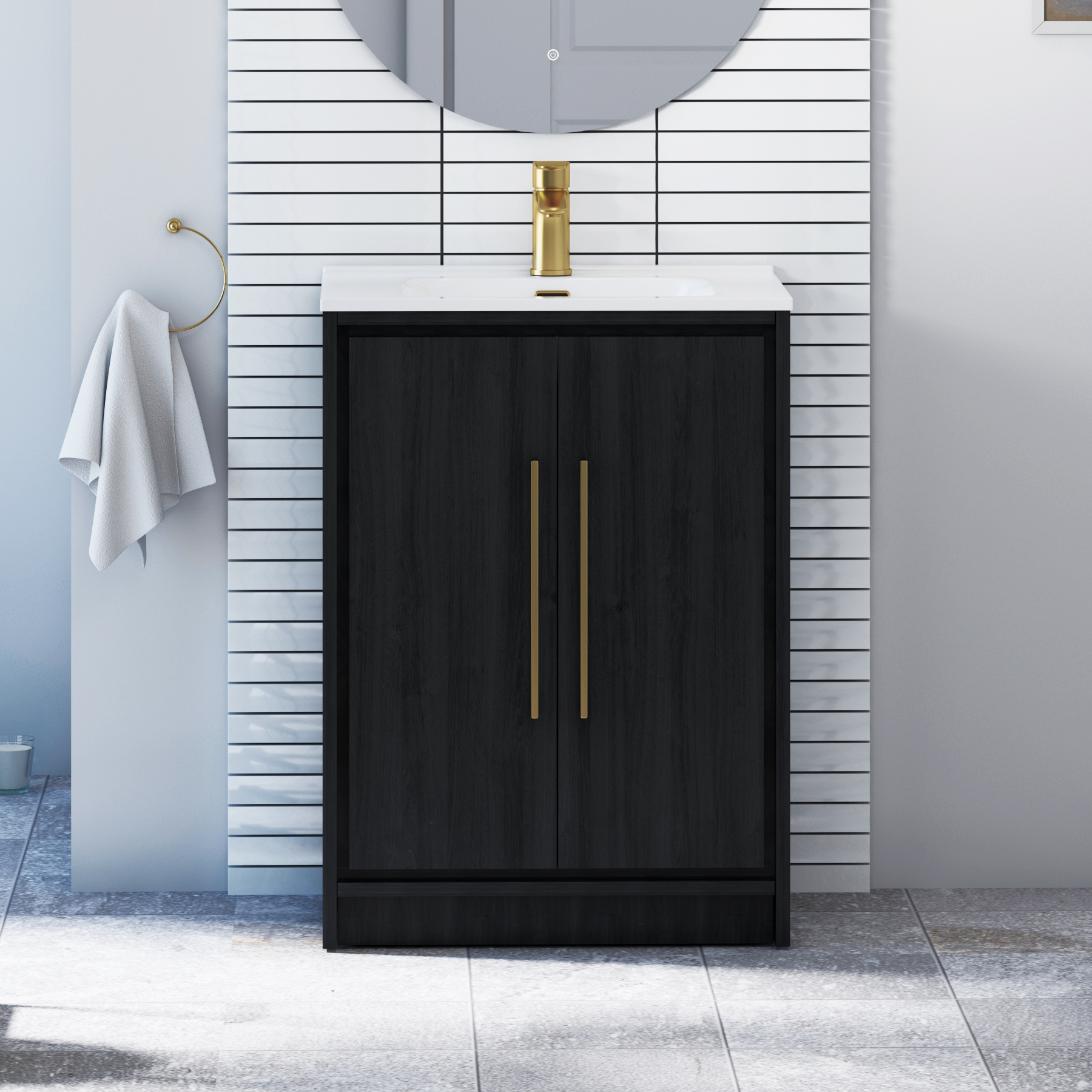Livora 600mm Black Woodgrain Floor Standing 2 Door Vanity Unit with Optional Basin  & Various Handles