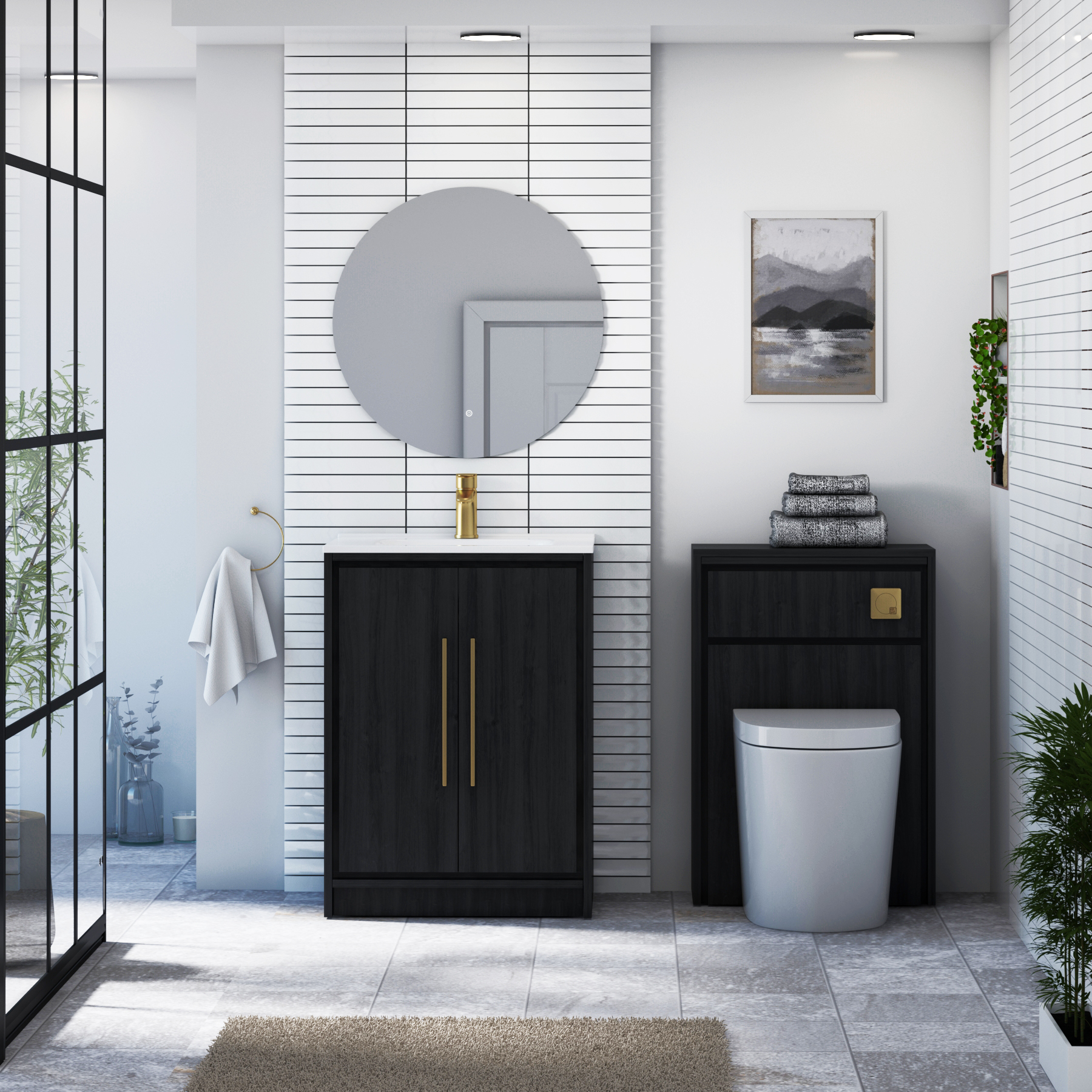 Livora 600mm Black Woodgrain Floor Standing 2 Door Vanity Unit with Optional Basin  & Various Handles
